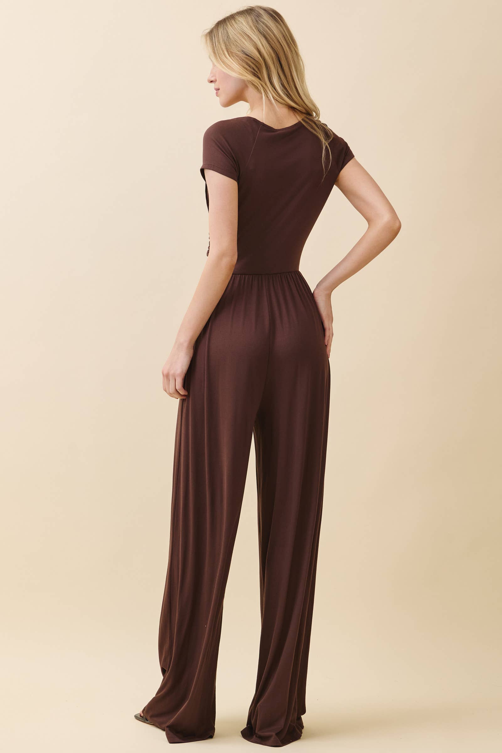 JR56657 - RUCHED SURPLICE PALAZZO JUMPSUIT - The Elevated Hippie