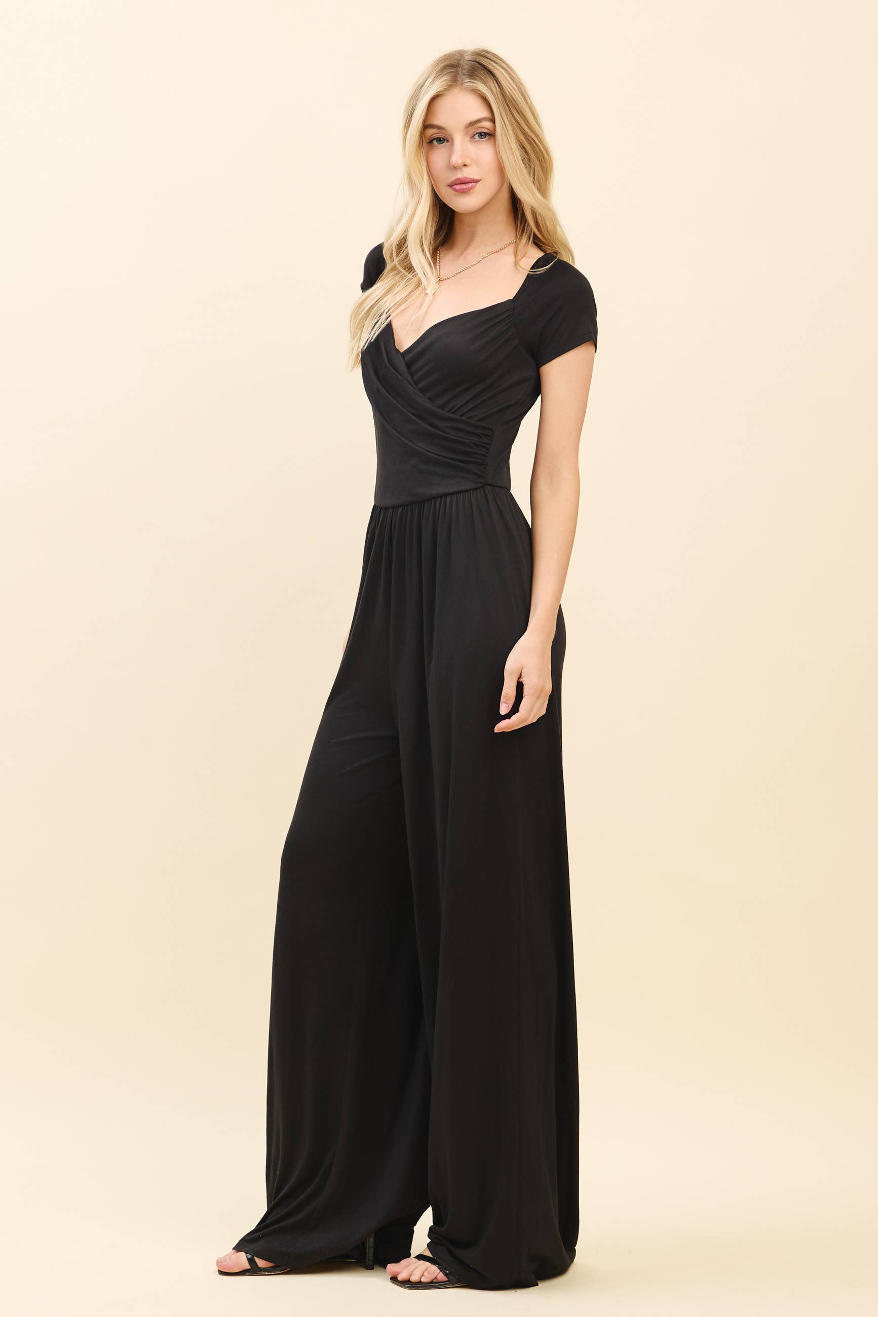 JR56657 - RUCHED SURPLICE PALAZZO JUMPSUIT - The Elevated Hippie