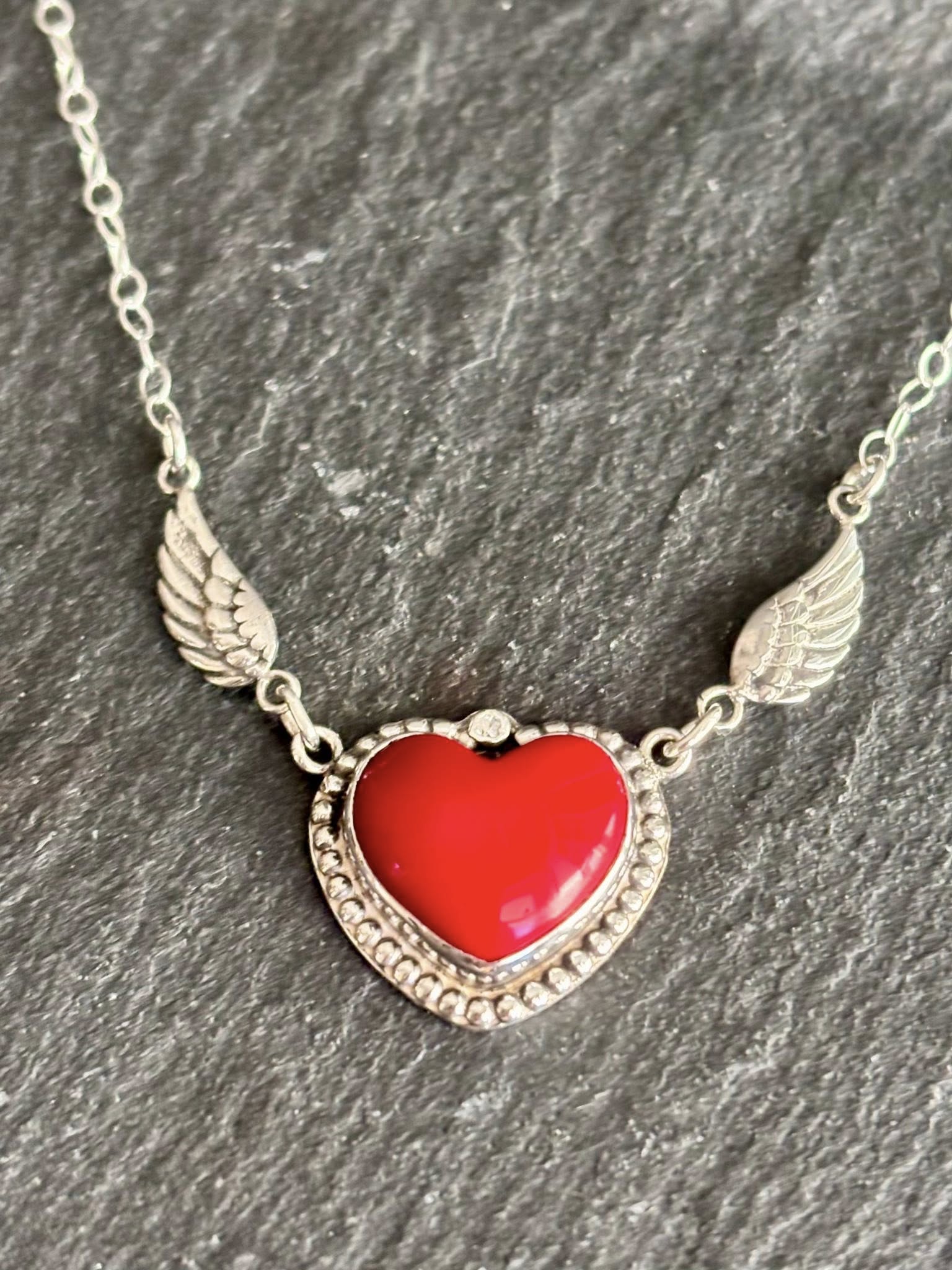 Sterling Silver Red Coral heart with wings necklace 18" boho clothing, festival outfit, hippie style apparel | Elevated Hippie