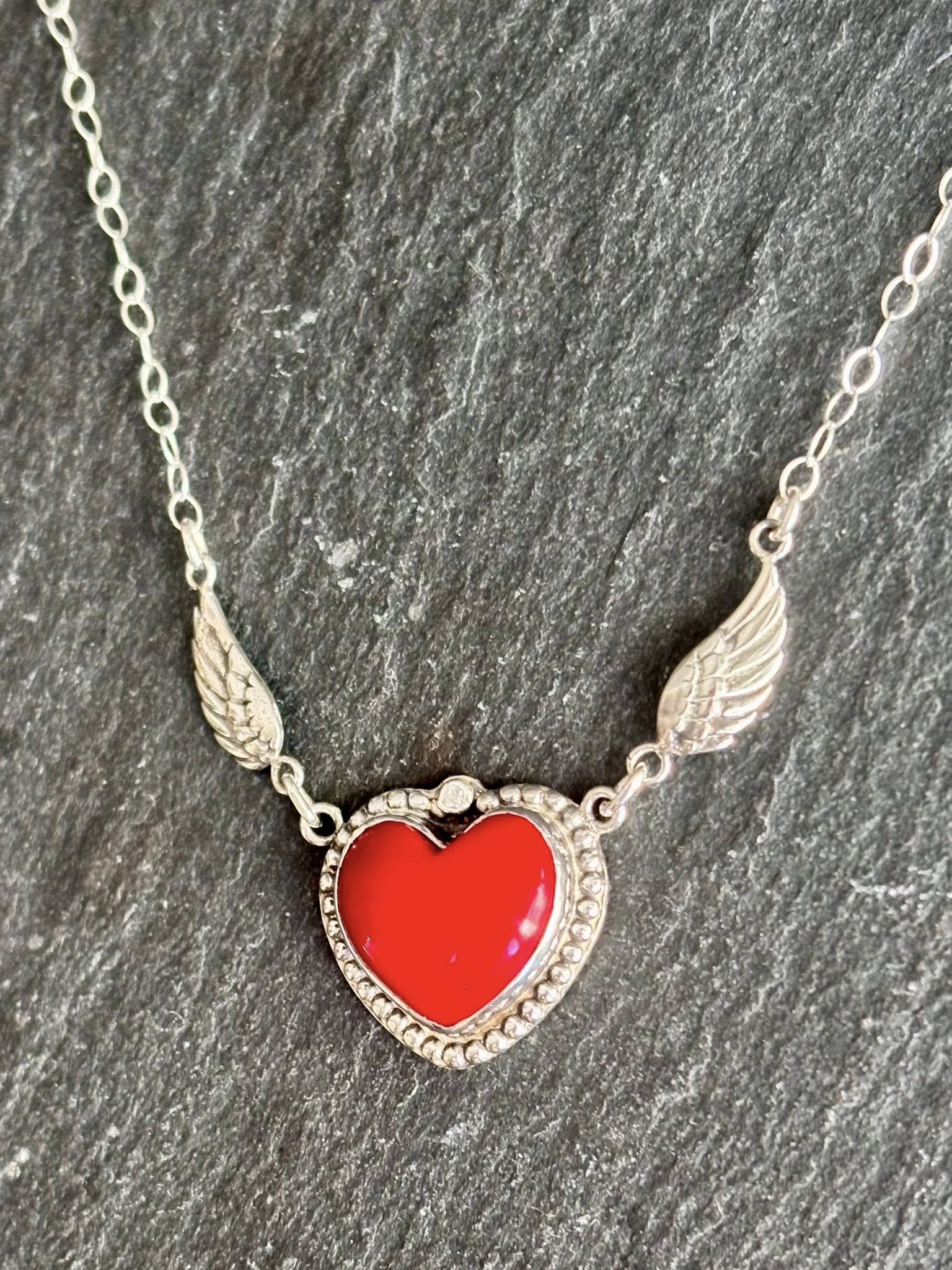 Sterling Silver Red Coral heart with wings necklace 18" boho clothing, festival outfit, hippie style apparel | Elevated Hippie