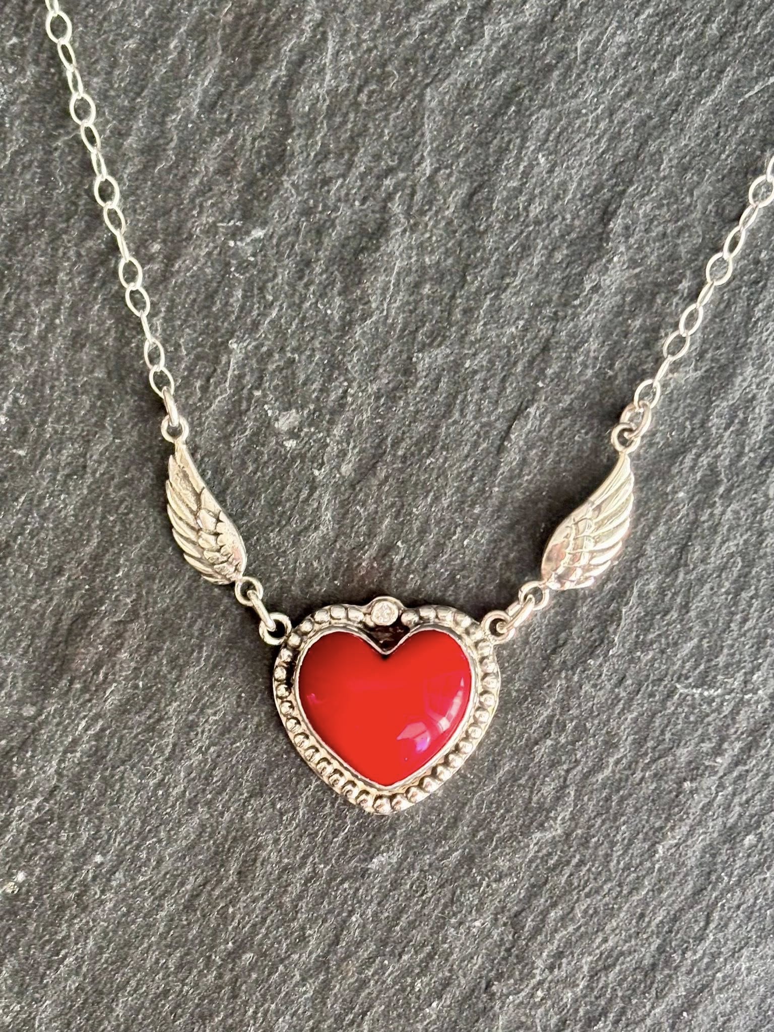 Sterling Silver Red Coral heart with wings necklace 18" boho clothing, festival outfit, hippie style apparel | Elevated Hippie