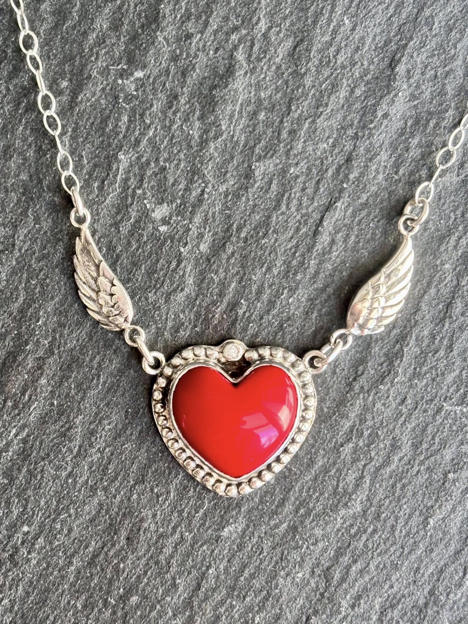 Sterling Silver Red Coral heart with wings necklace 18" boho clothing, festival outfit, hippie style apparel | Elevated Hippie