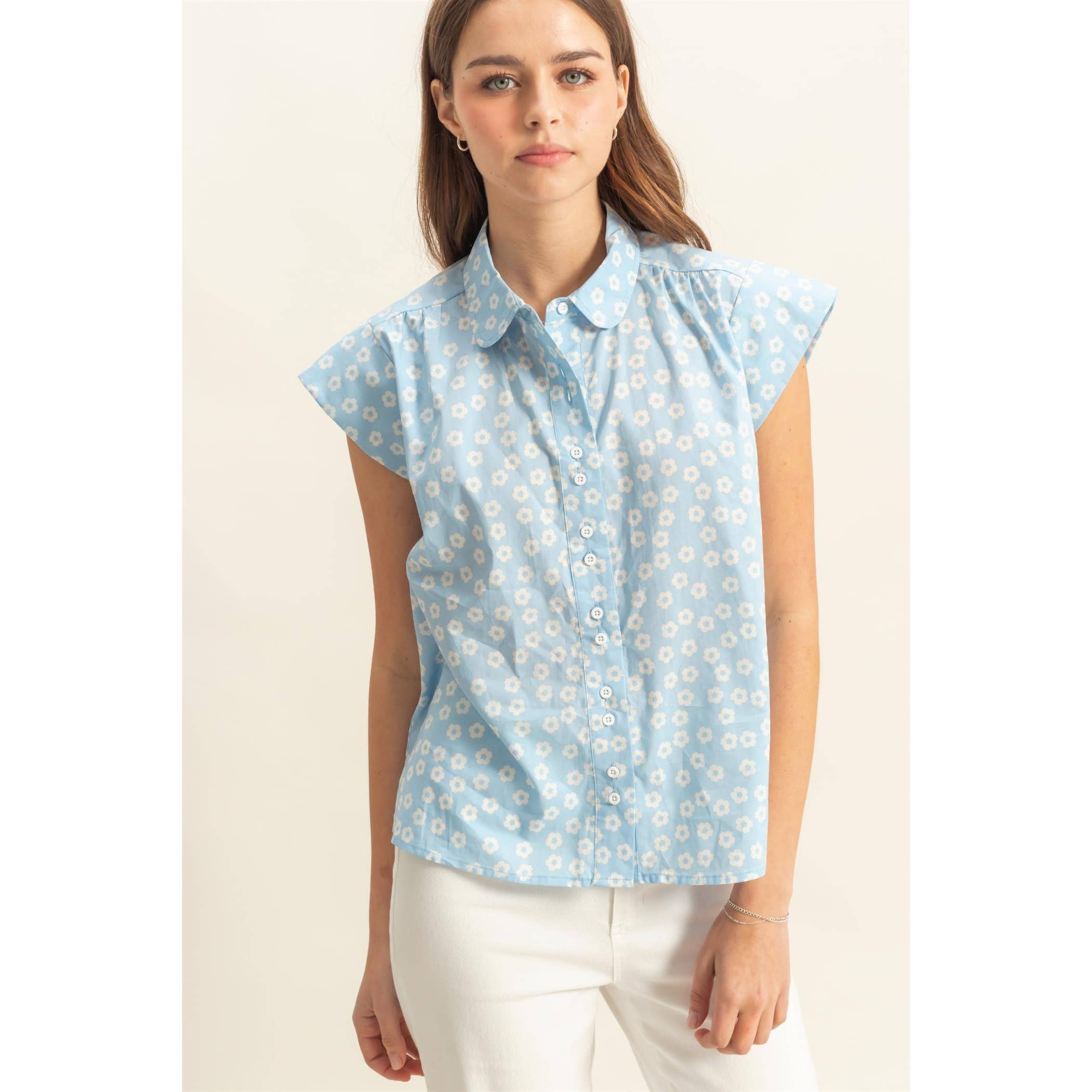 Ditsy Floral Print Cap Sleeve Shirt - The Elevated Hippie