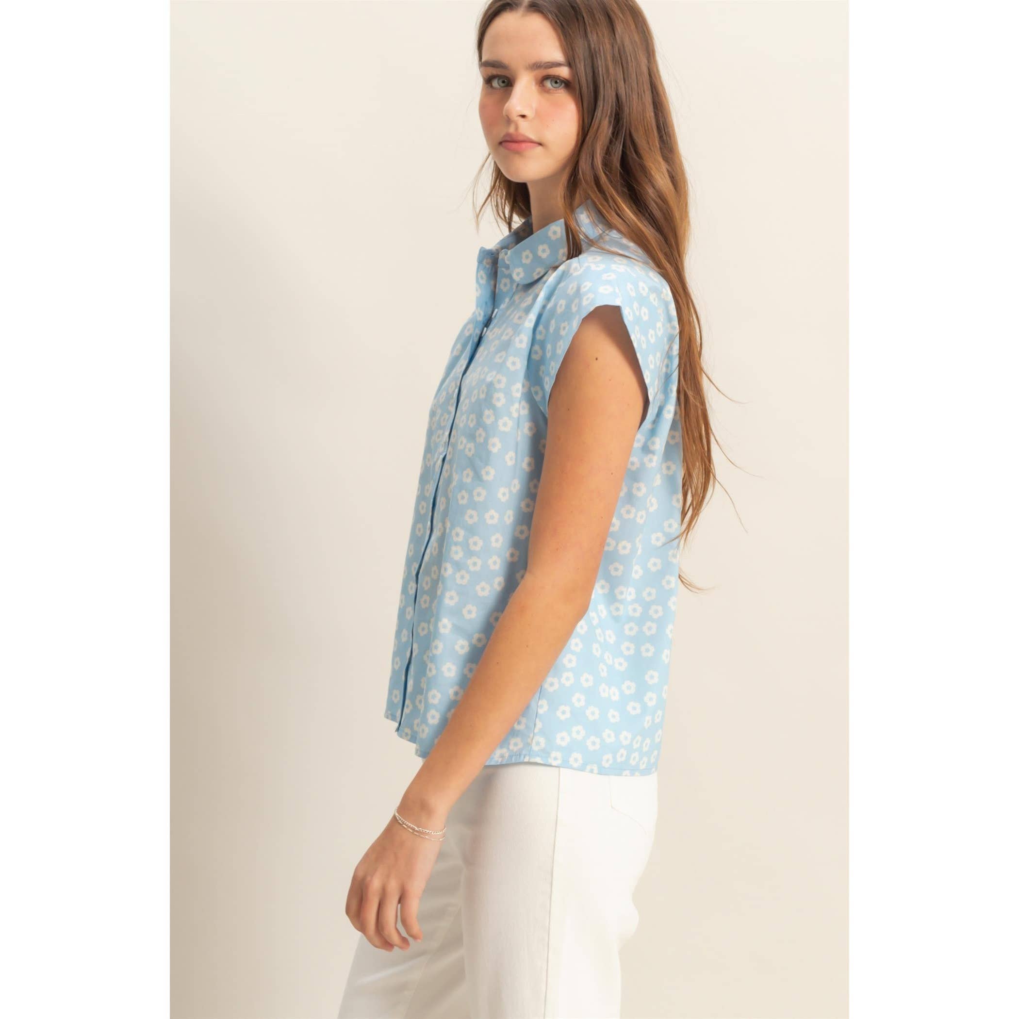Ditsy Floral Print Cap Sleeve Shirt - The Elevated Hippie