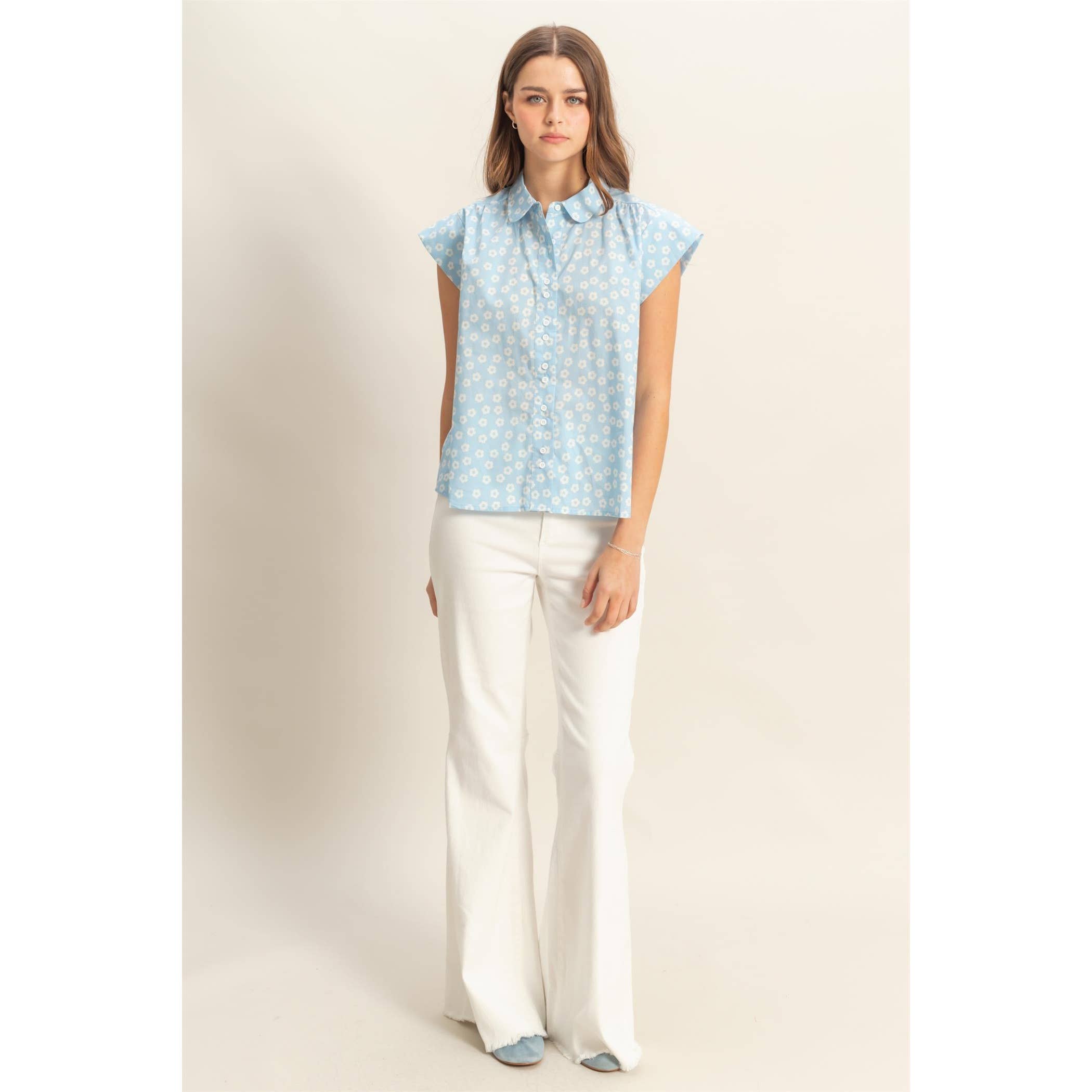 Ditsy Floral Print Cap Sleeve Shirt - The Elevated Hippie