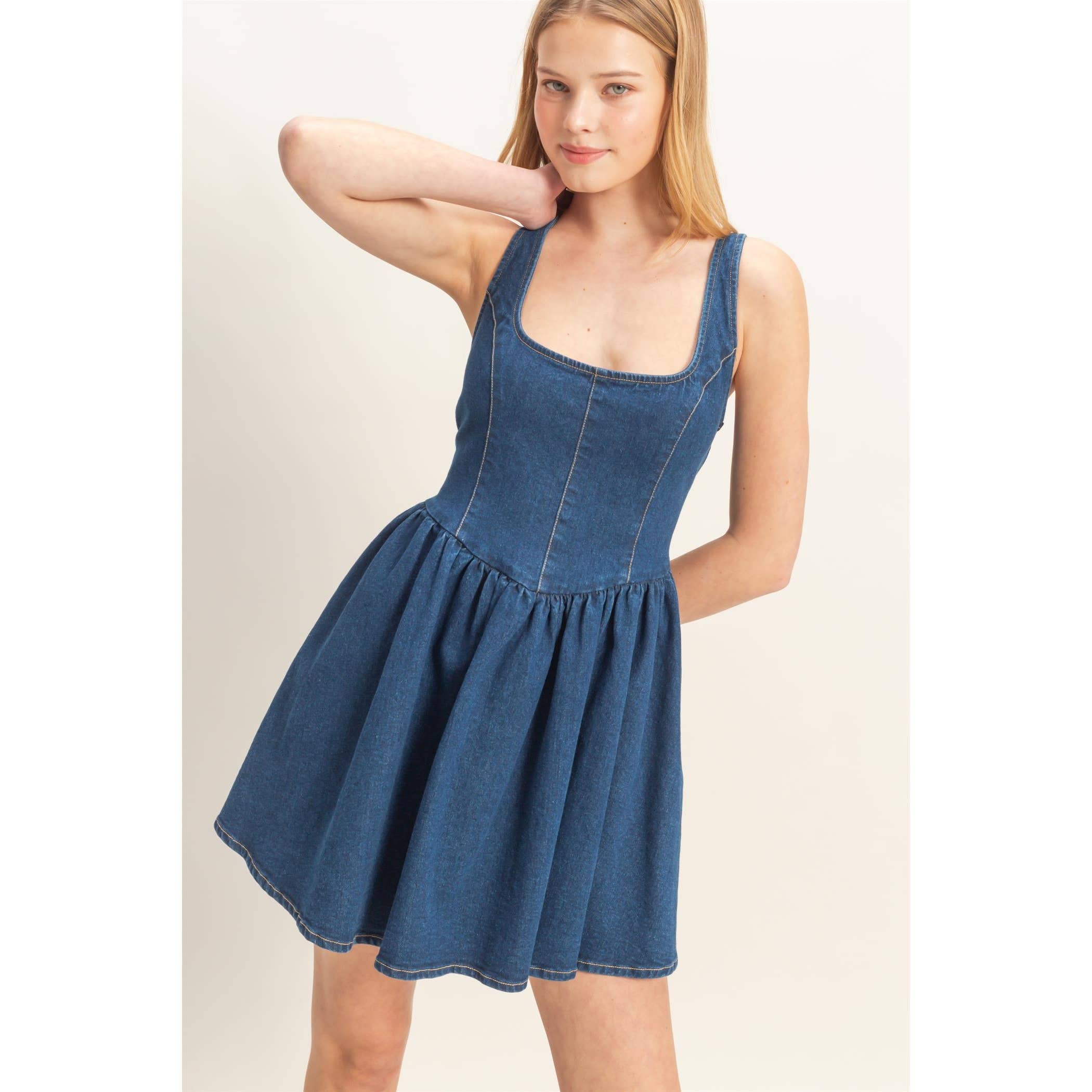 Square Neck Denim Dress - The Elevated Hippie