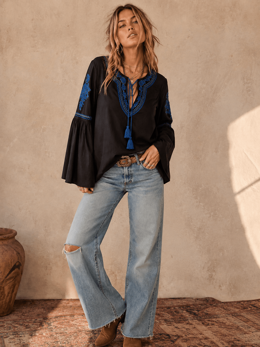 Women's Long Bell Sleeve V-Neck Embroidery Detailed Tunic Blouse