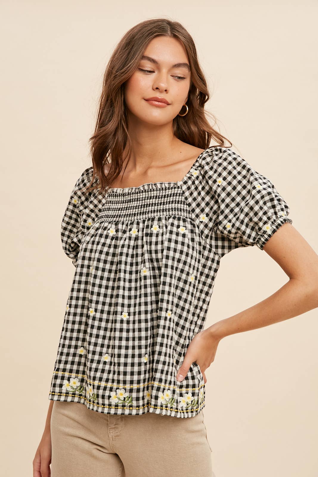 Women's Embroidered Gingham Smock Blouse – Sunny Days Boho Top - The Elevated Hippie