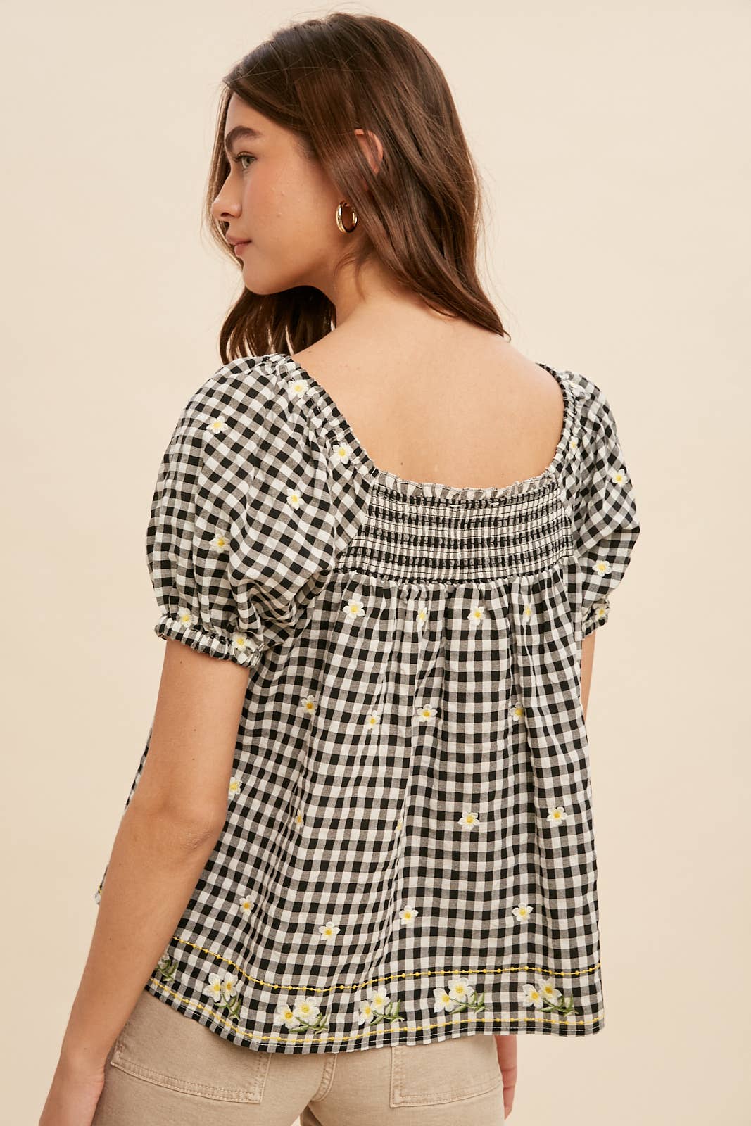 Women's Embroidered Gingham Smock Blouse – Sunny Days Boho Top - The Elevated Hippie