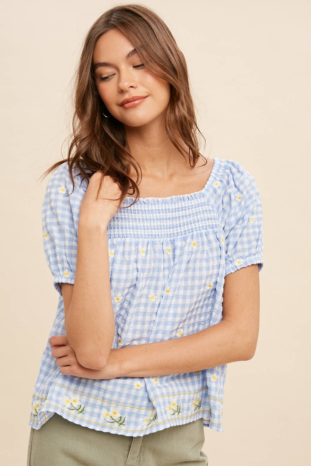 Women's Embroidered Gingham Smock Blouse – Sunny Days Boho Top - The Elevated Hippie