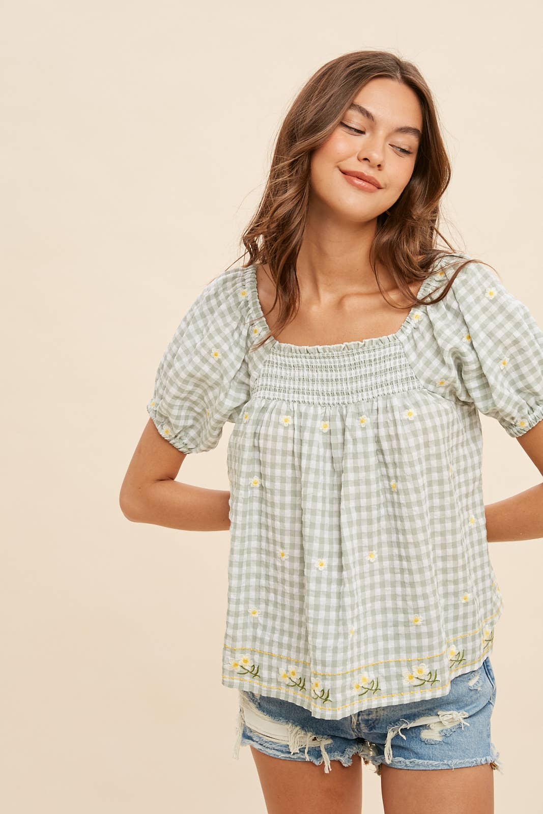 Women's Embroidered Gingham Smock Blouse – Sunny Days Boho Top - The Elevated Hippie