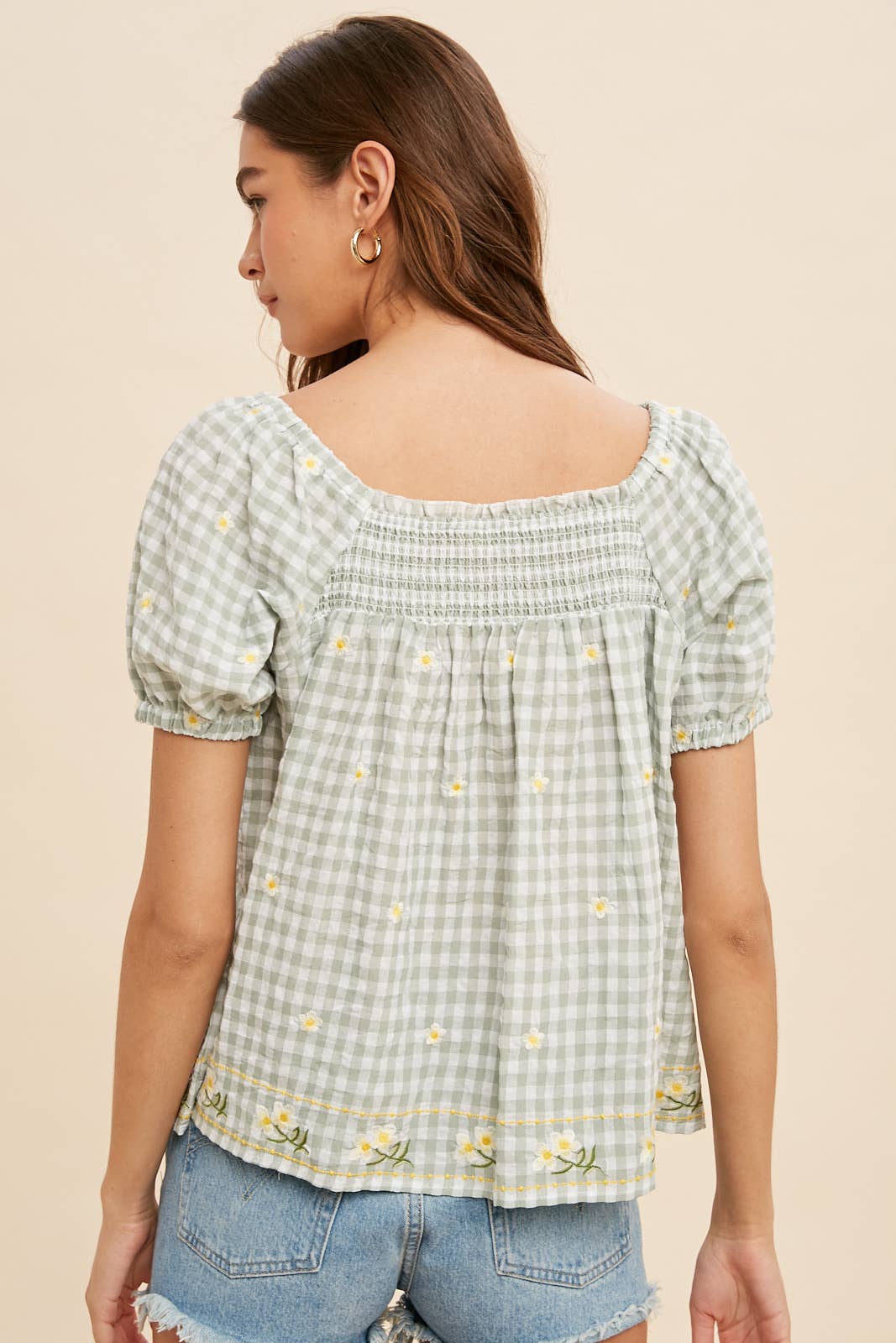 Women's Embroidered Gingham Smock Blouse – Sunny Days Boho Top - The Elevated Hippie