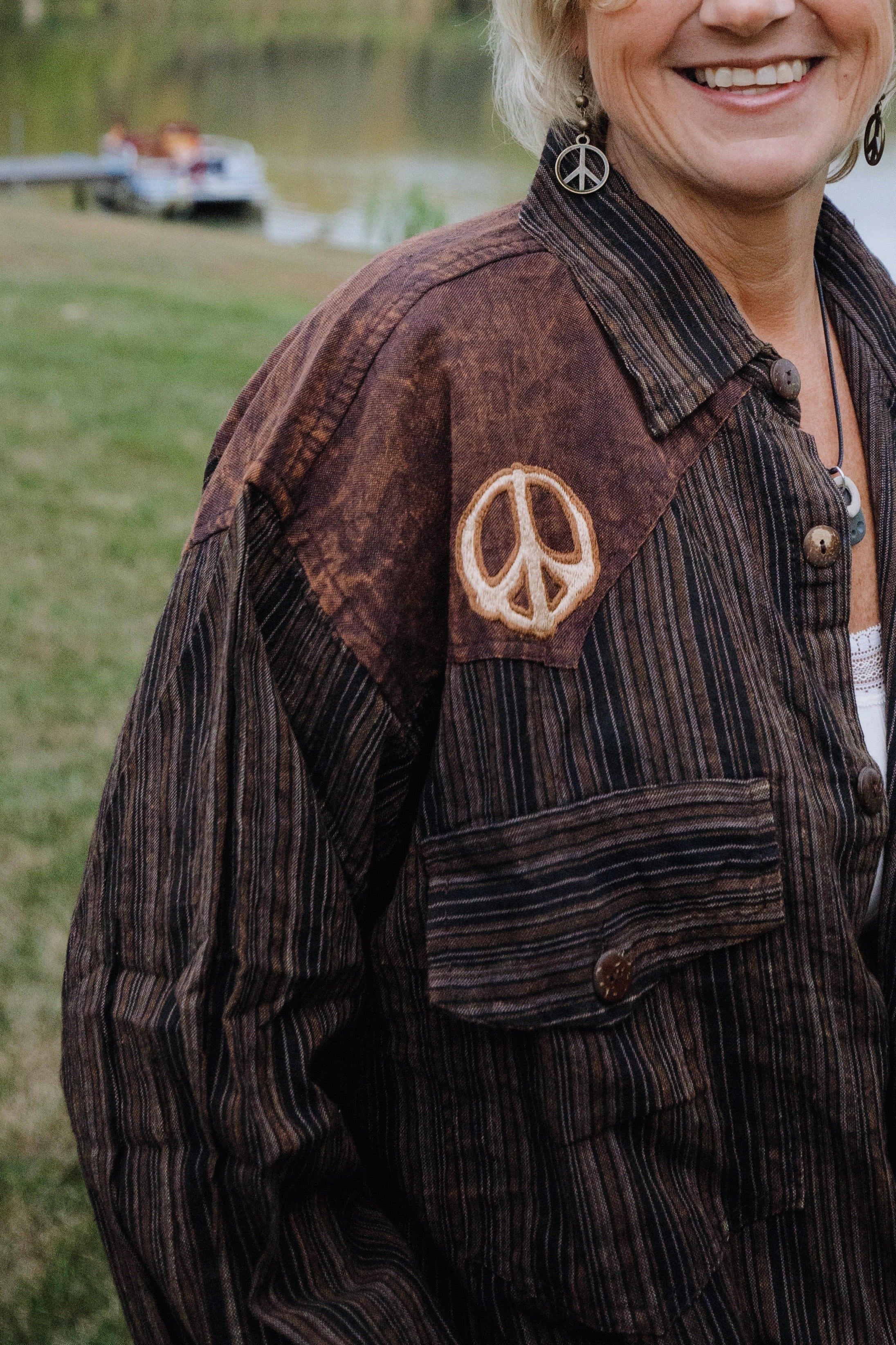 Men's Cotton L\S Cowboy Shirt w/ Tonal Peace Embroidery - The Elevated Hippie