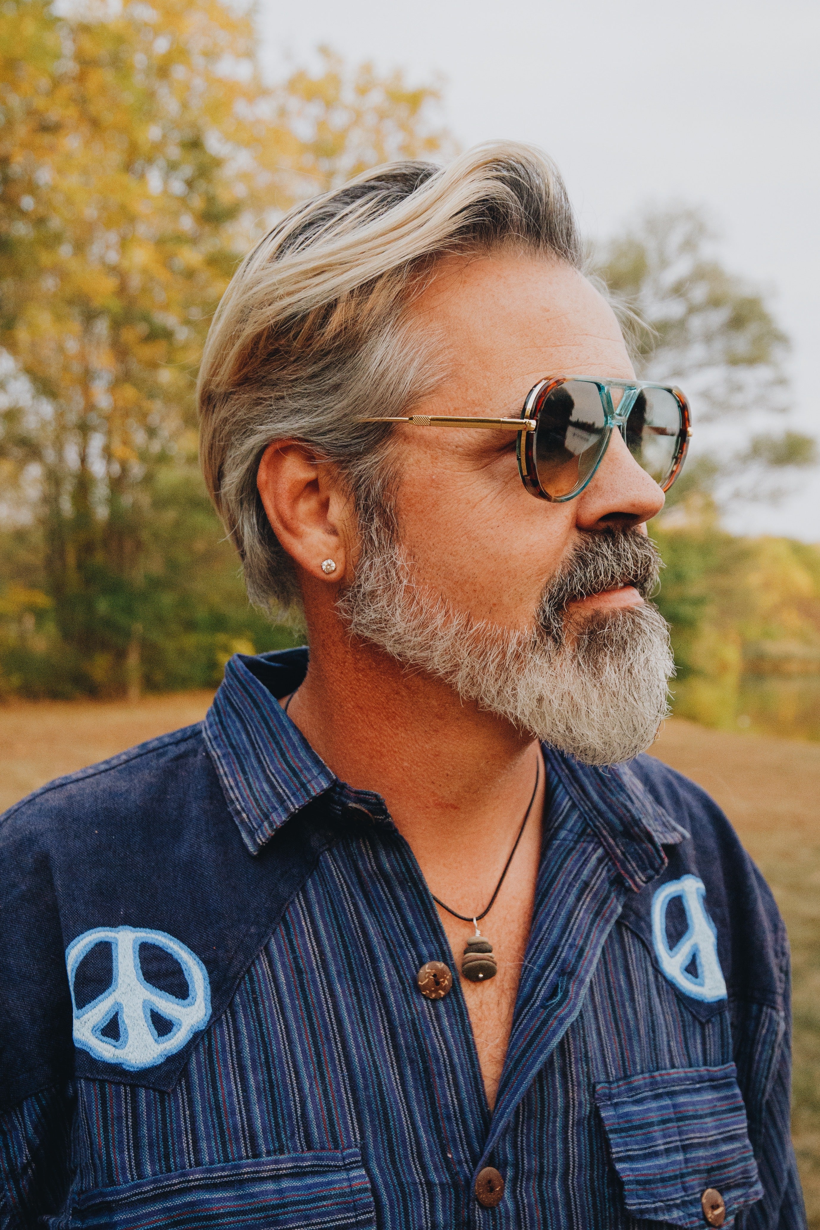 Men's Cotton L\S Cowboy Shirt w/ Tonal Peace Embroidery - The Elevated Hippie