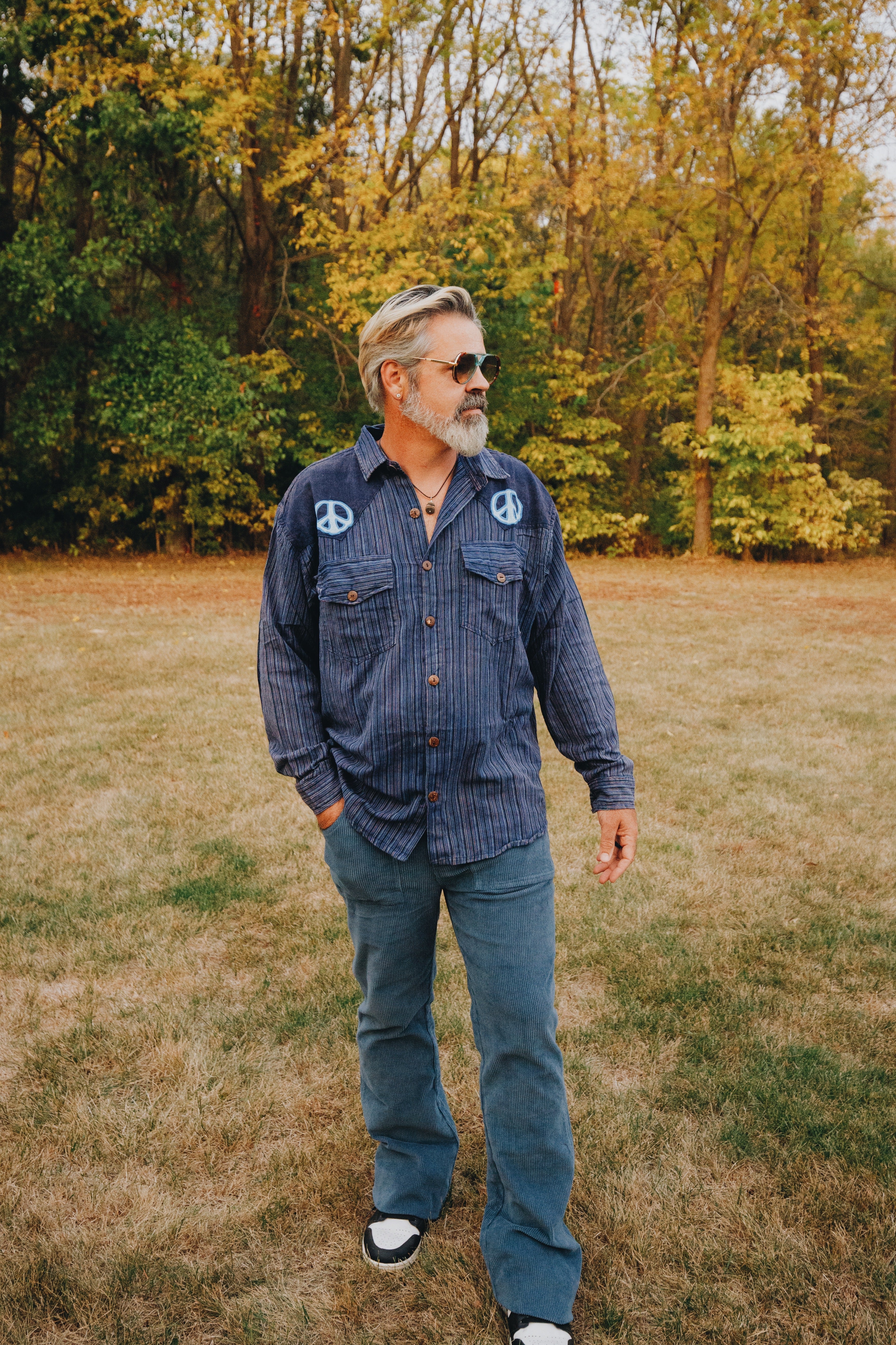 Men's Cotton L\S Cowboy Shirt w/ Tonal Peace Embroidery - The Elevated Hippie