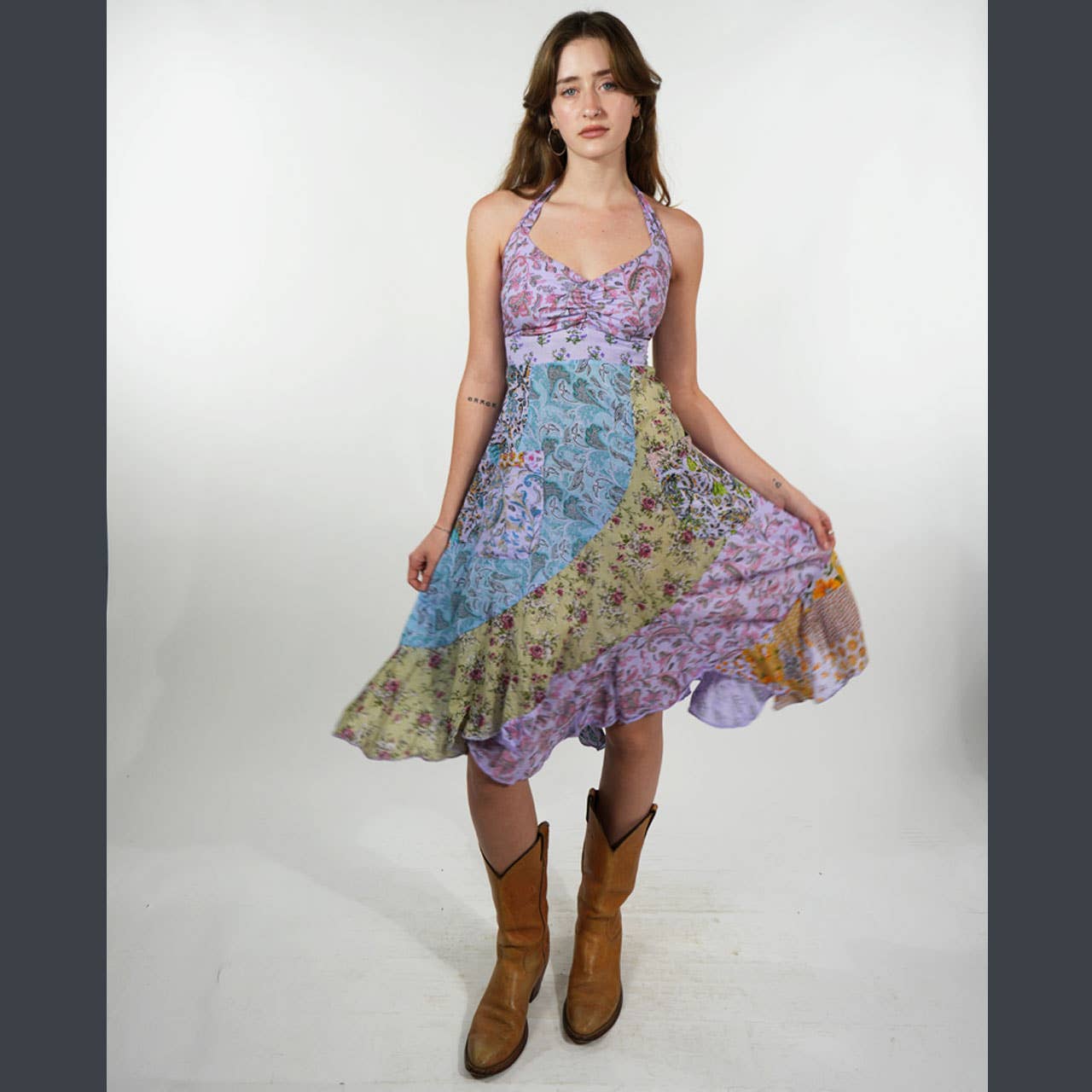 Boho Hippie Cotton Floral Patchwork Sun Dress W/ Pockets - The Elevated Hippie