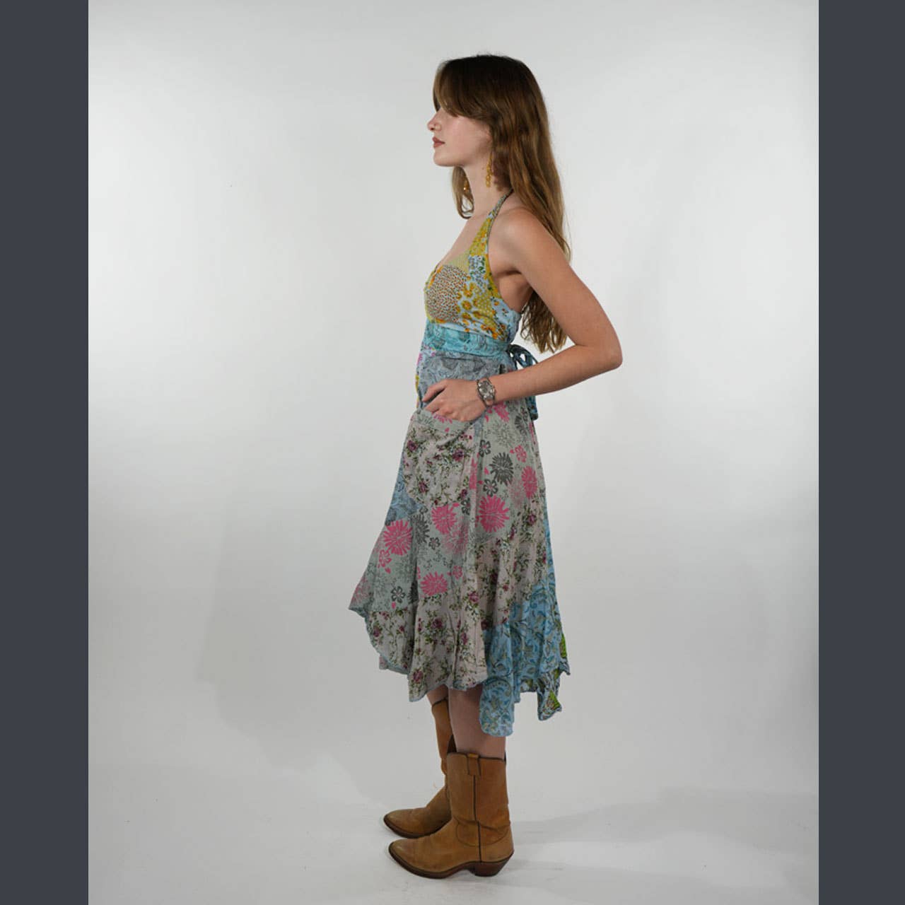 Boho Hippie Cotton Floral Patchwork Sun Dress W/ Pockets - The Elevated Hippie