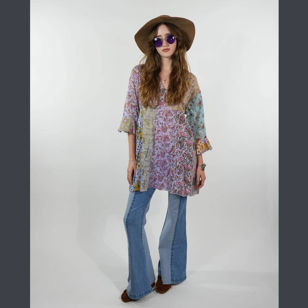 Boho Hippie Cotton Floral Patchwork 1/2 Sleeve Kurtha Top - The Elevated Hippie