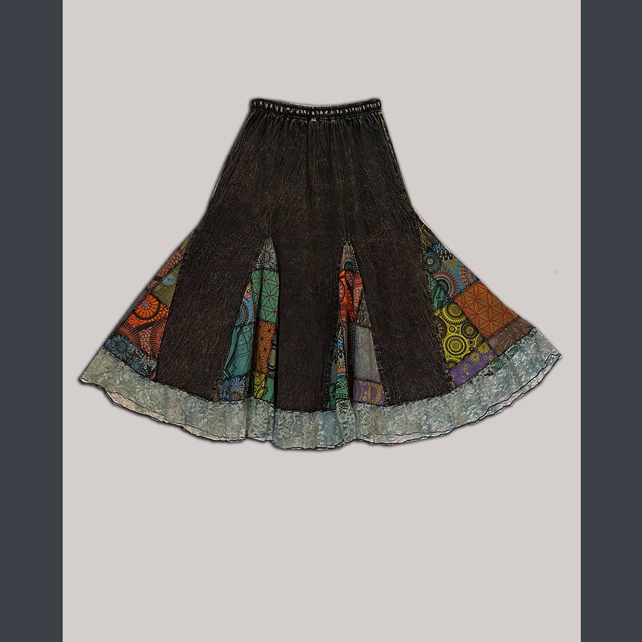 Cotton Enzyme wash & Patchwork Skirt with lace detail - The Elevated Hippie