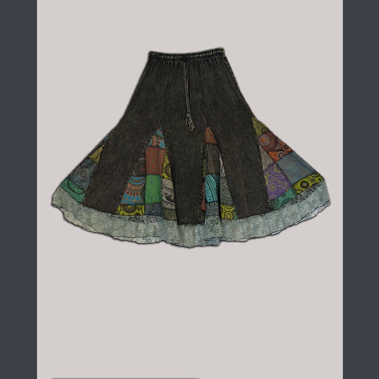 Cotton Enzyme wash & Patchwork Skirt with lace detail - The Elevated Hippie