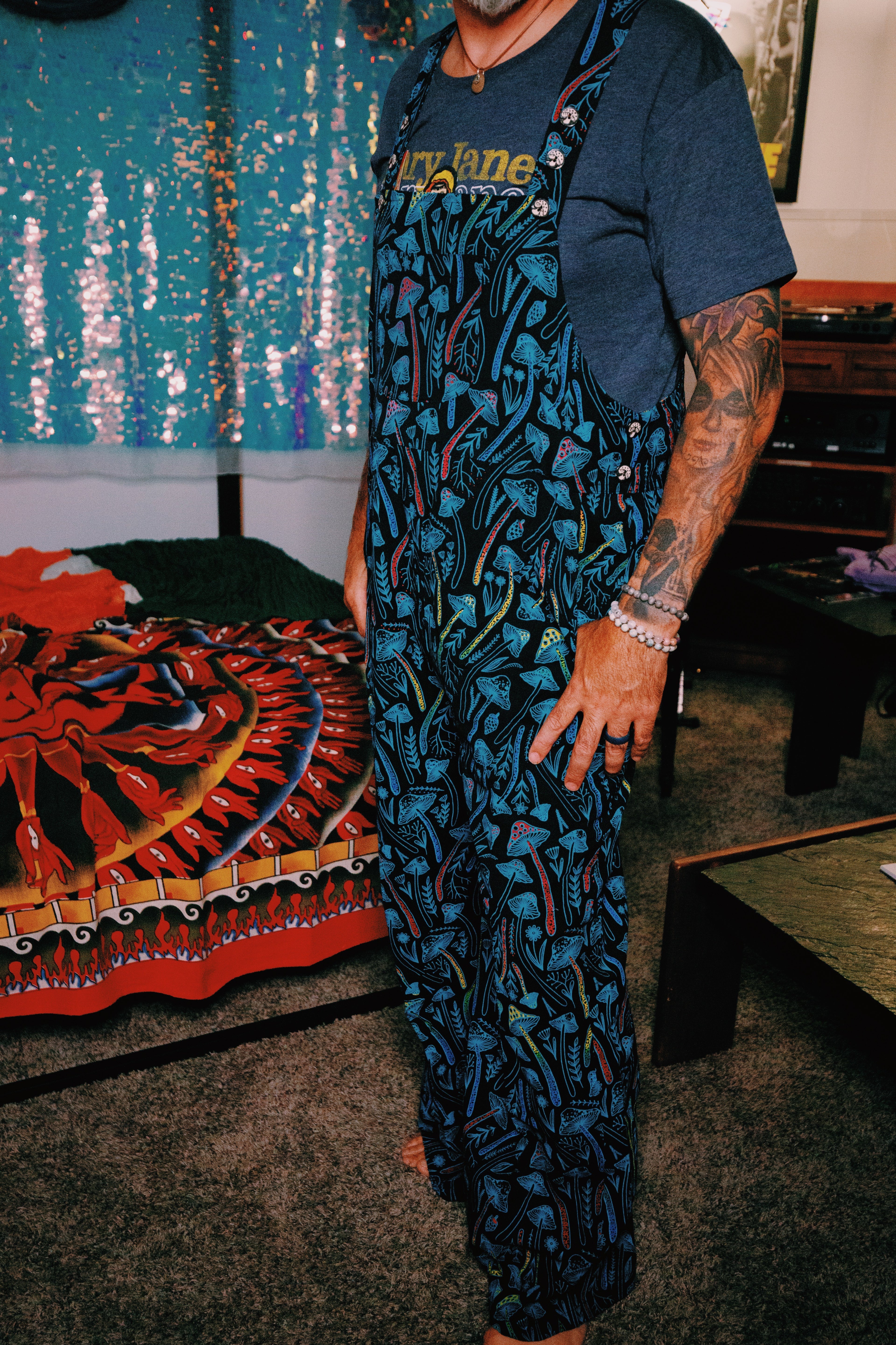 Multi-Mushroom Cotton Wide-Leg Overalls - The Elevated Hippie