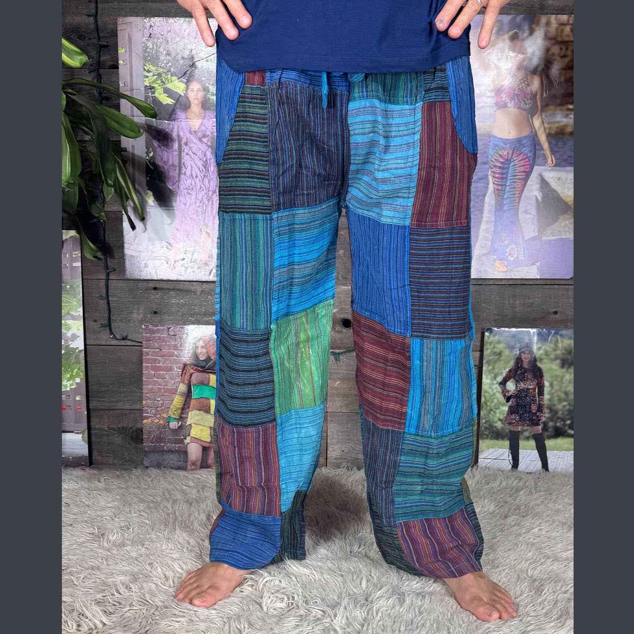 Striped Patchwork Zipper Pocket Pants Elastic Waist Hippie - The Elevated Hippie