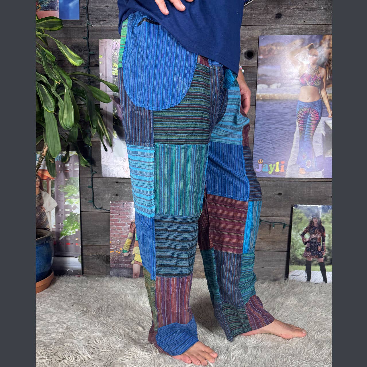 Striped Patchwork Zipper Pocket Pants Elastic Waist Hippie - The Elevated Hippie
