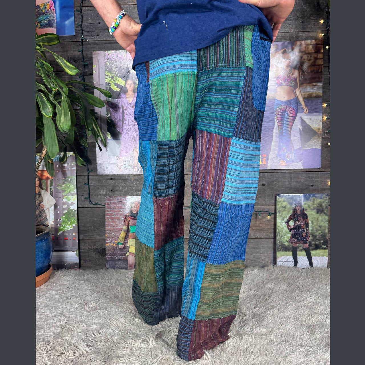 Striped Patchwork Zipper Pocket Pants Elastic Waist Hippie - The Elevated Hippie