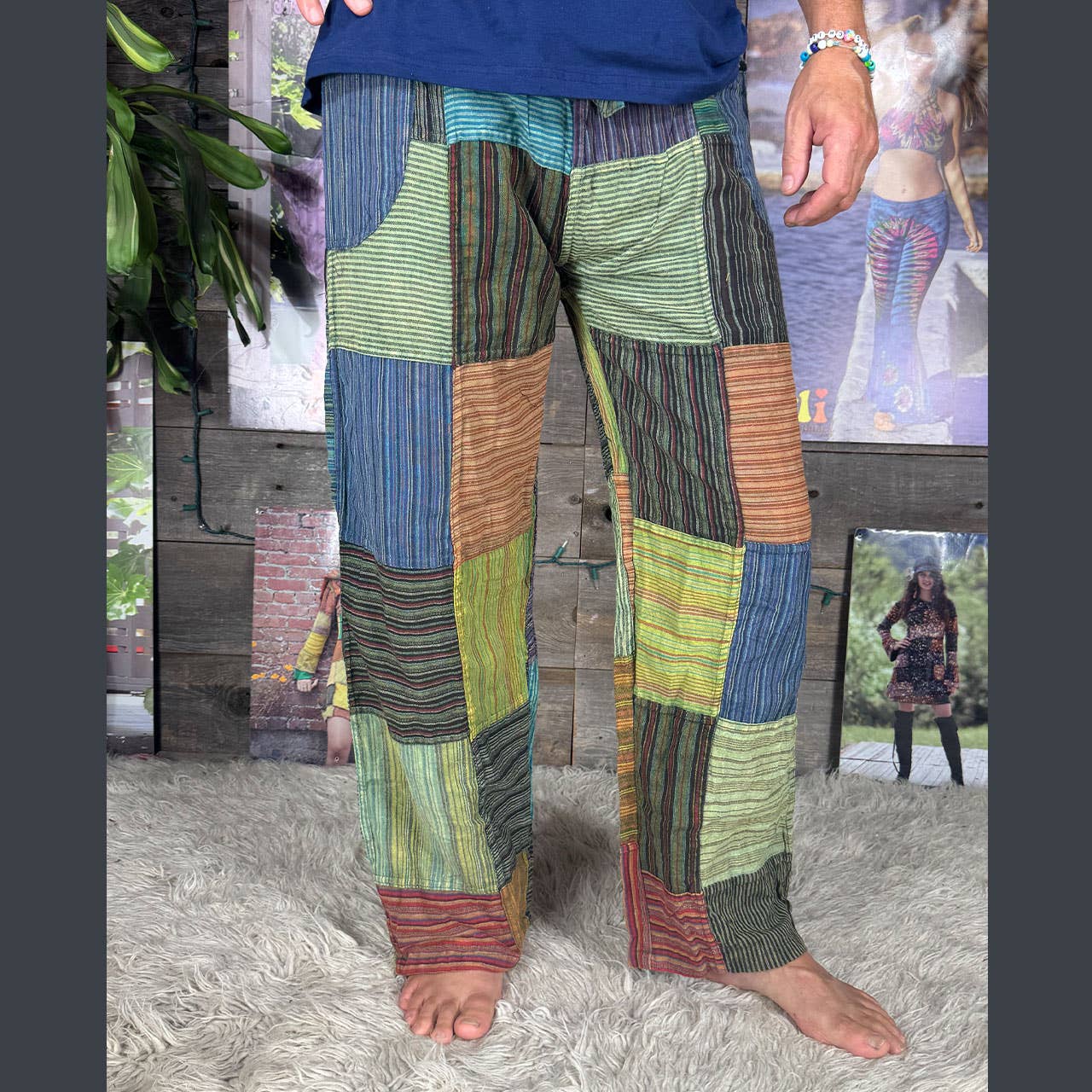 Striped Patchwork Zipper Pocket Pants Elastic Waist Hippie - The Elevated Hippie