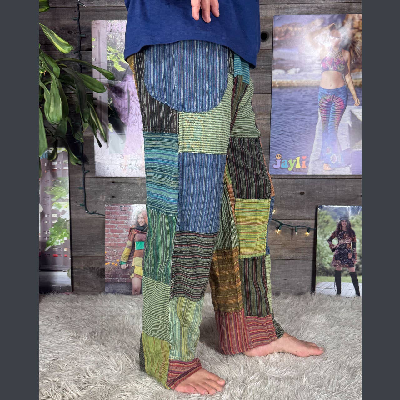 Striped Patchwork Zipper Pocket Pants Elastic Waist Hippie - The Elevated Hippie