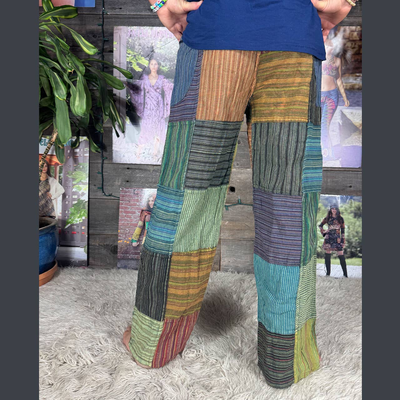 Striped Patchwork Zipper Pocket Pants Elastic Waist Hippie - The Elevated Hippie