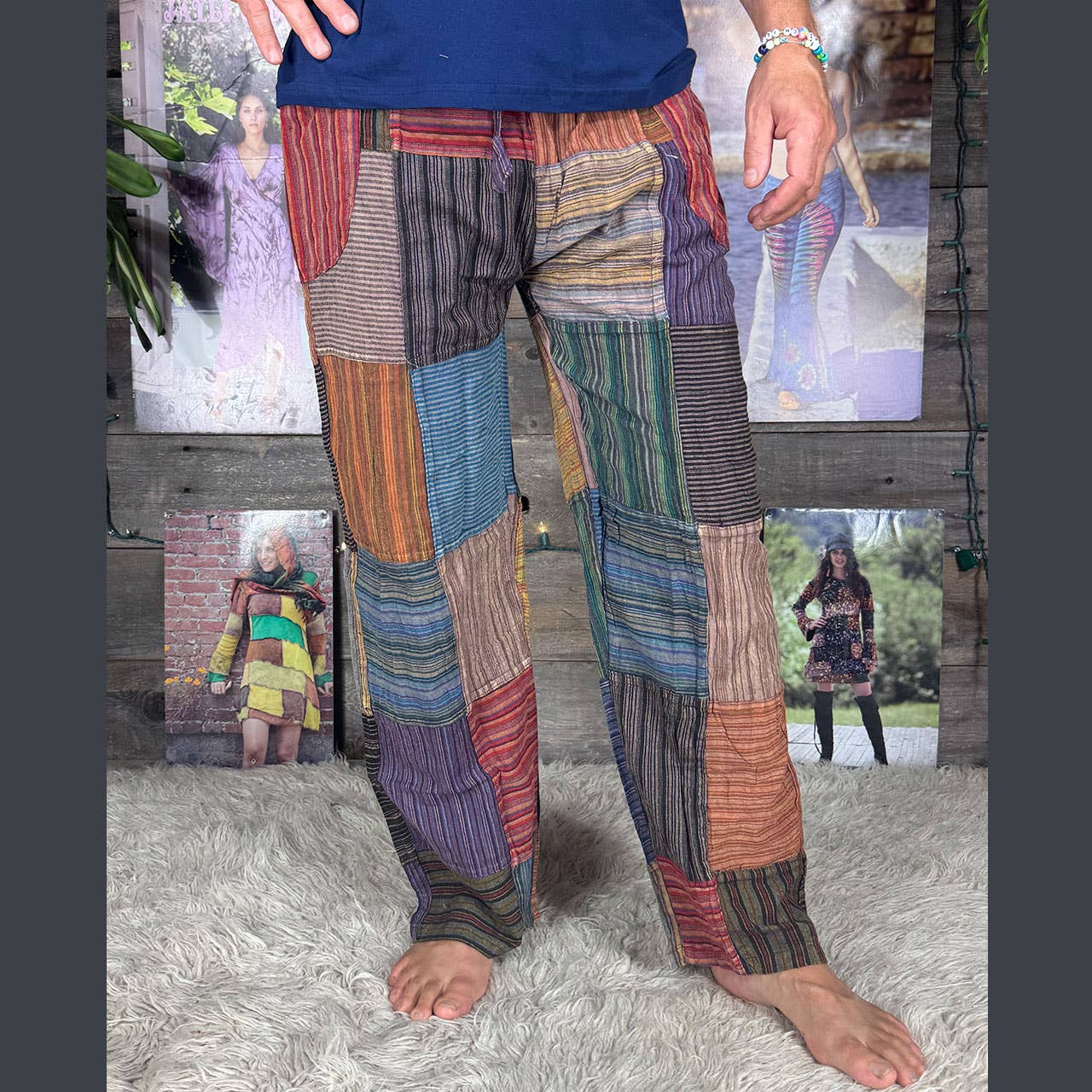 Striped Patchwork Zipper Pocket Pants Elastic Waist Hippie - The Elevated Hippie