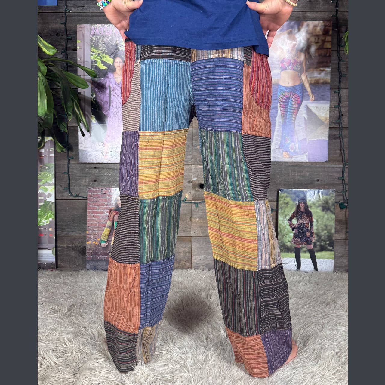 Striped Patchwork Zipper Pocket Pants Elastic Waist Hippie - The Elevated Hippie