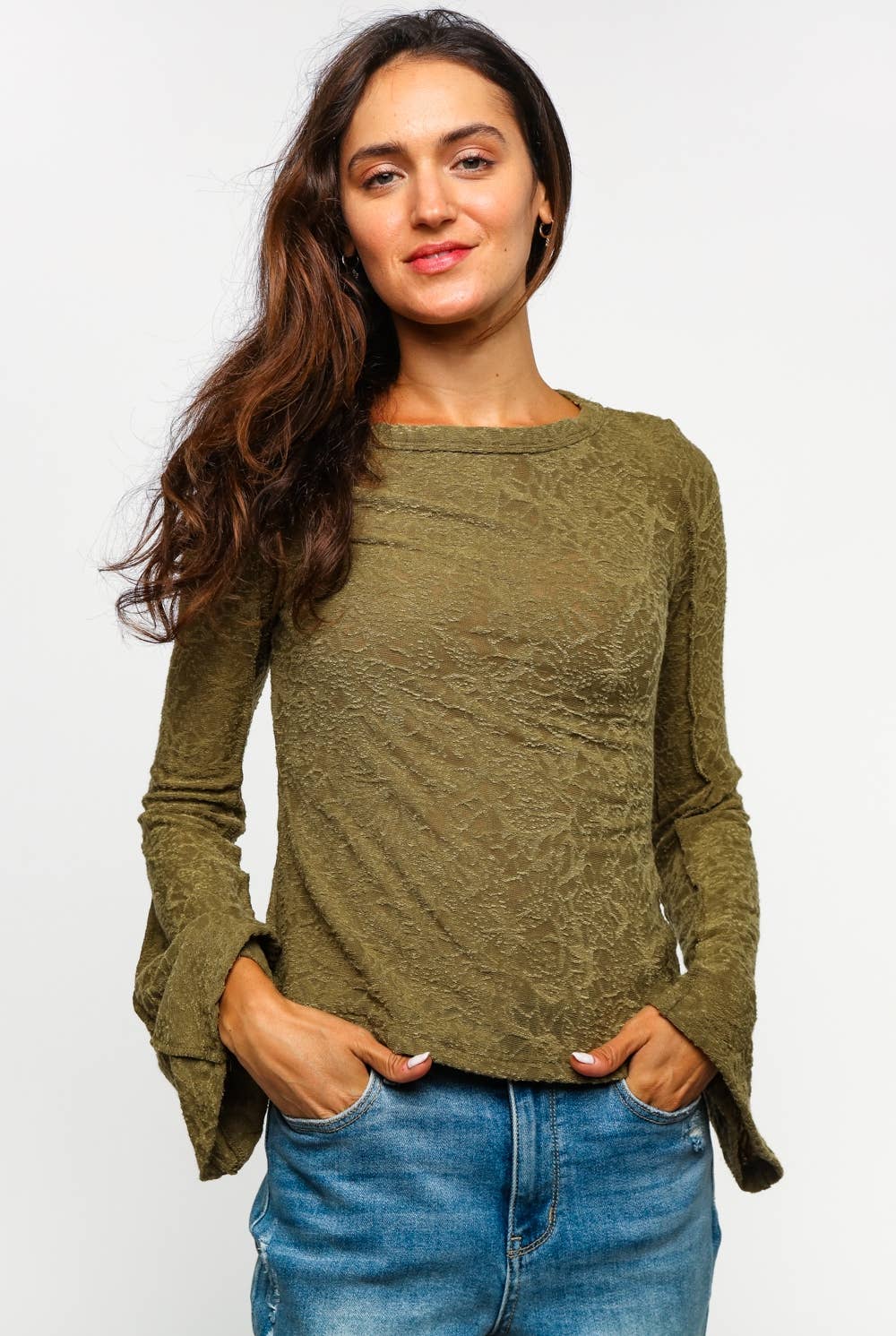 BELL BOTTOM LONG SLEEVE FLORAL JACQUARD KNIT TOP - The Elevated Hippie