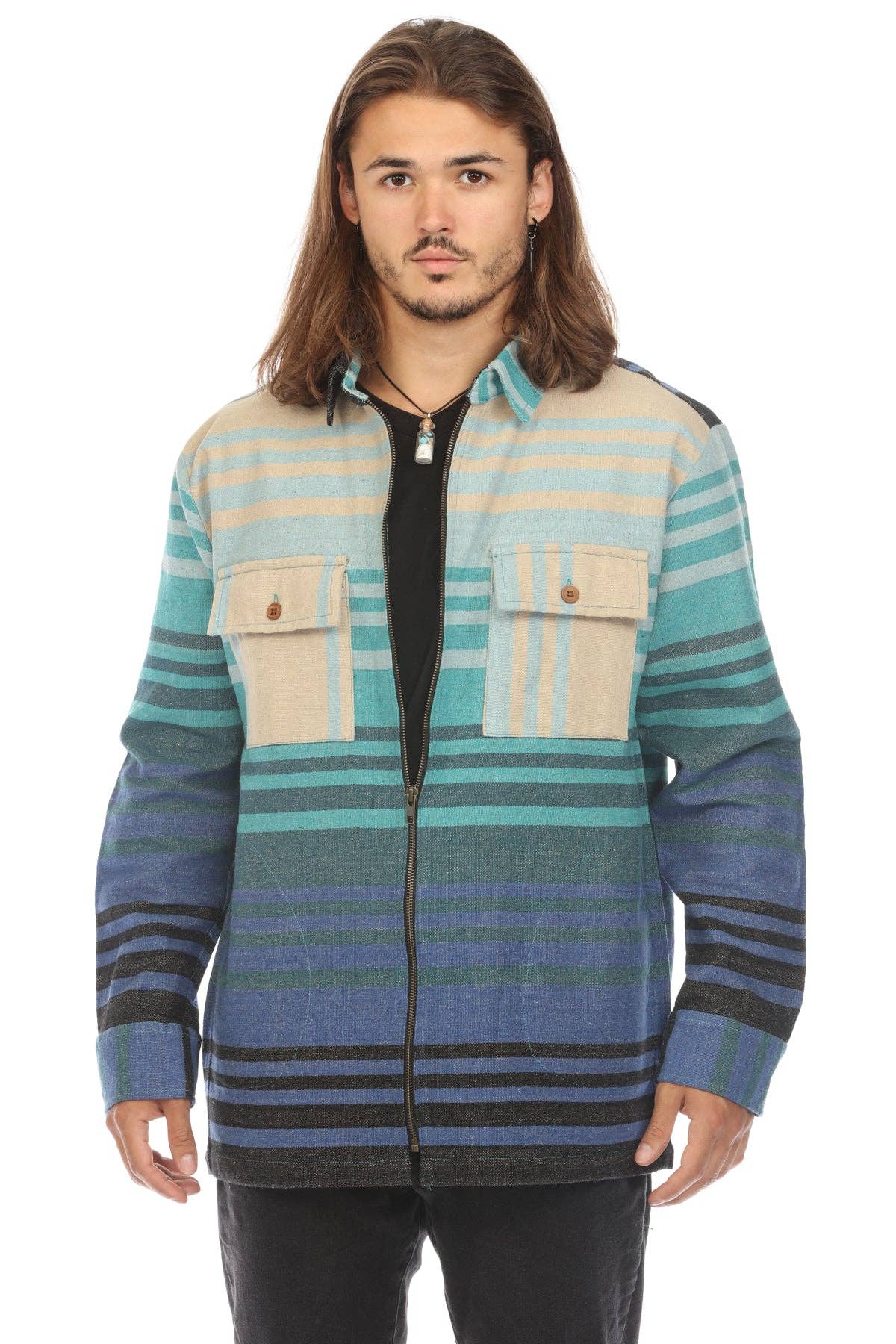 Ombre Striped Zipper Shirt Jacket - The Elevated Hippie