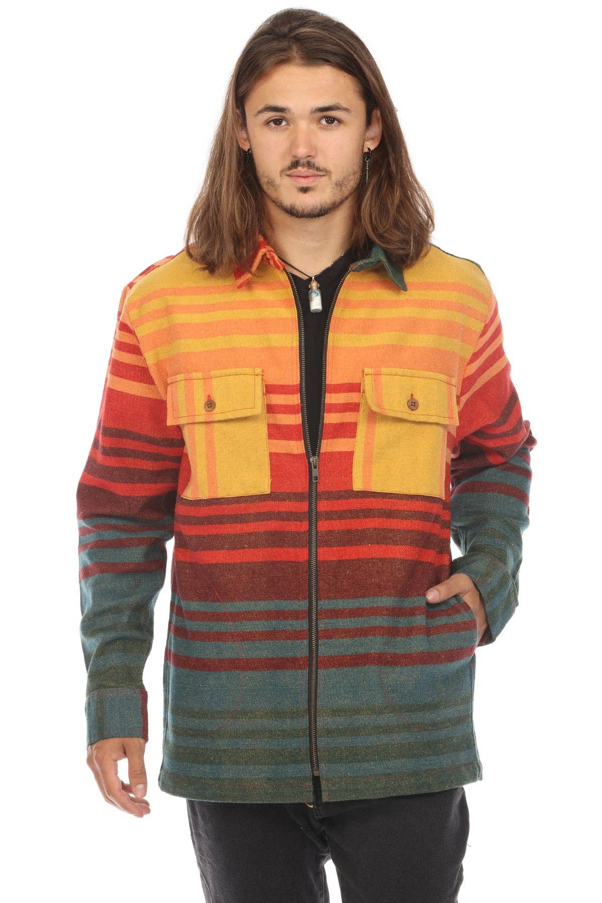 Ombre Striped Zipper Shirt Jacket - The Elevated Hippie