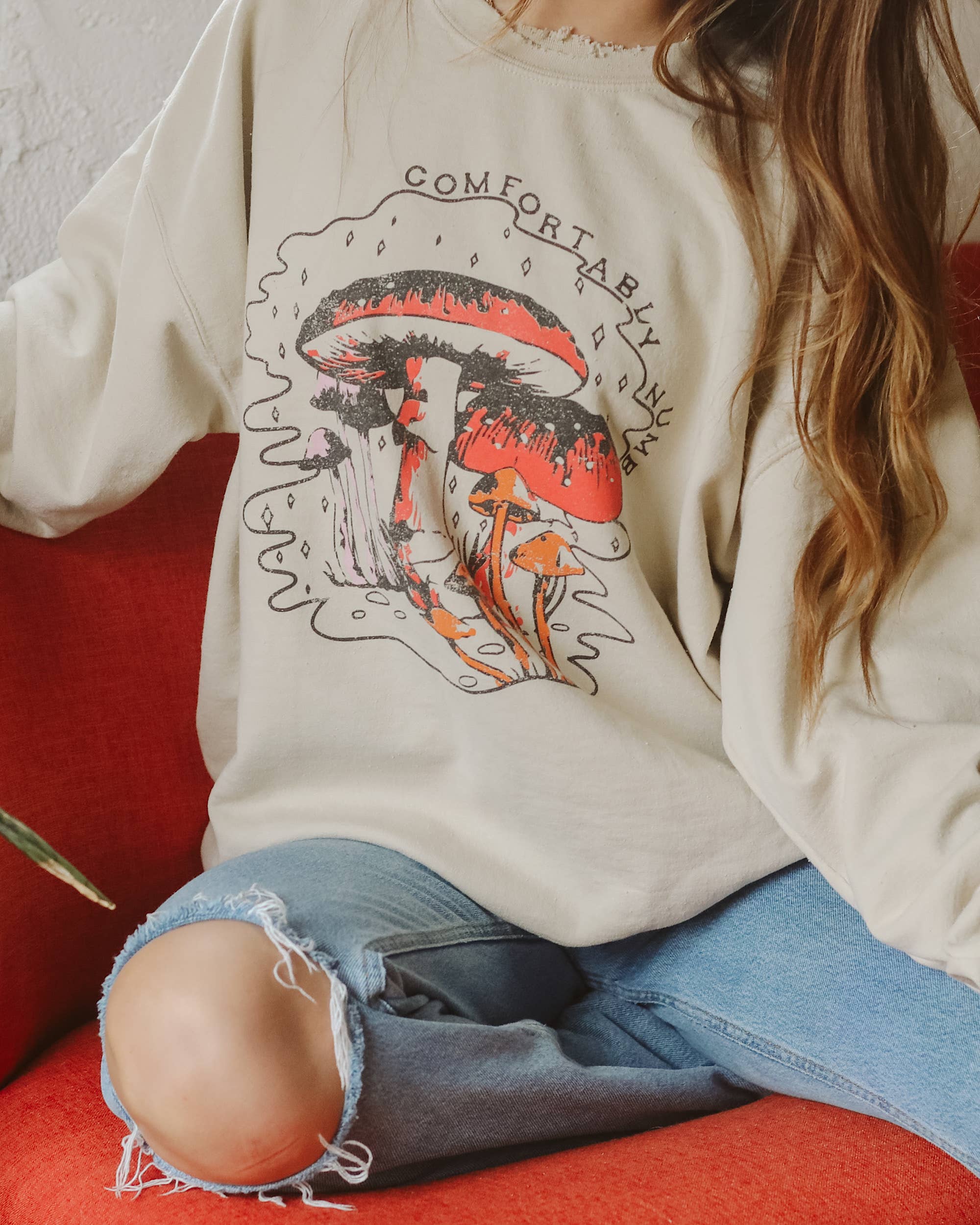 Comfortably Numb Sand Thrifted Graphic Sweatshirt - The Elevated Hippie