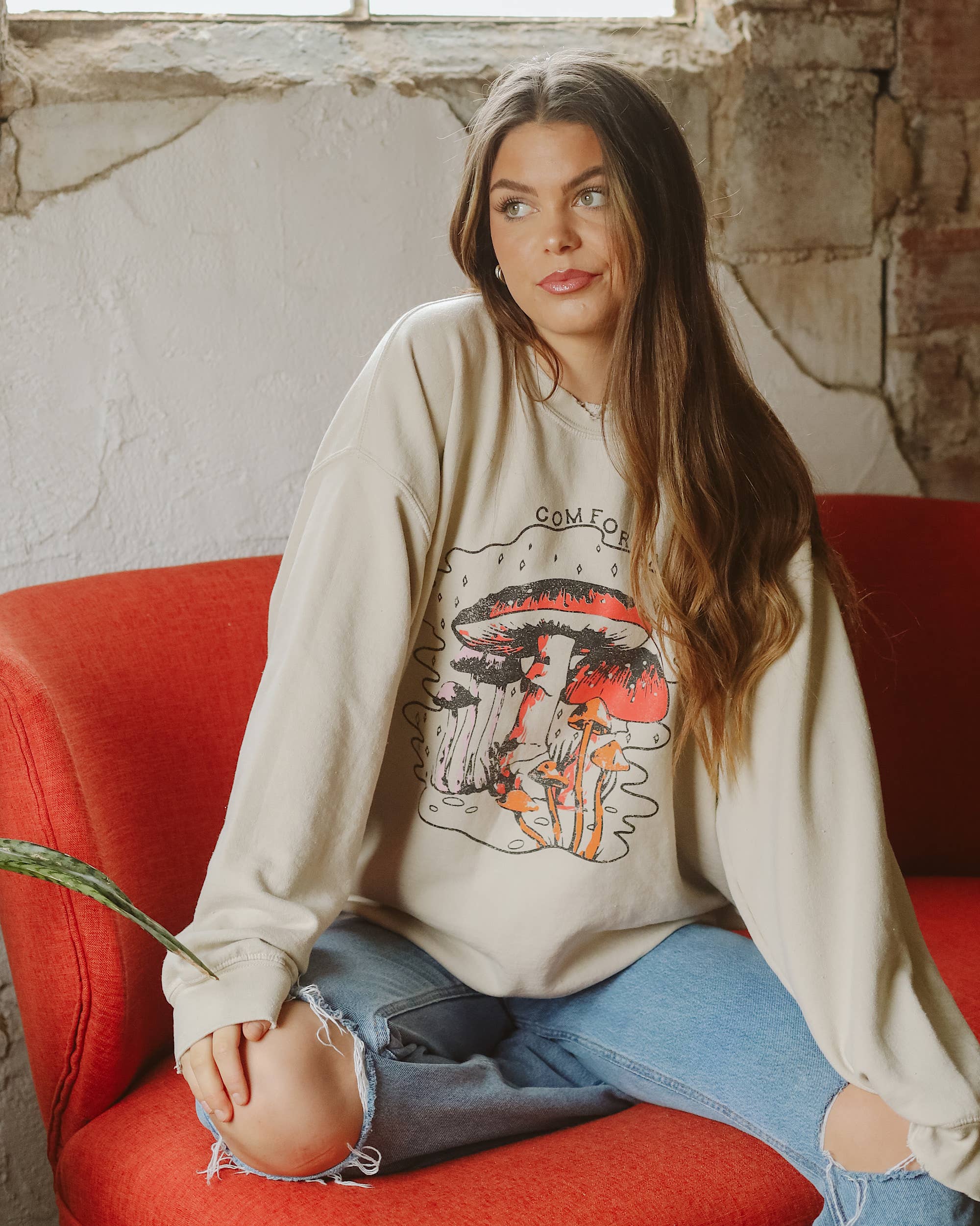 Comfortably Numb Sand Thrifted Graphic Sweatshirt - The Elevated Hippie