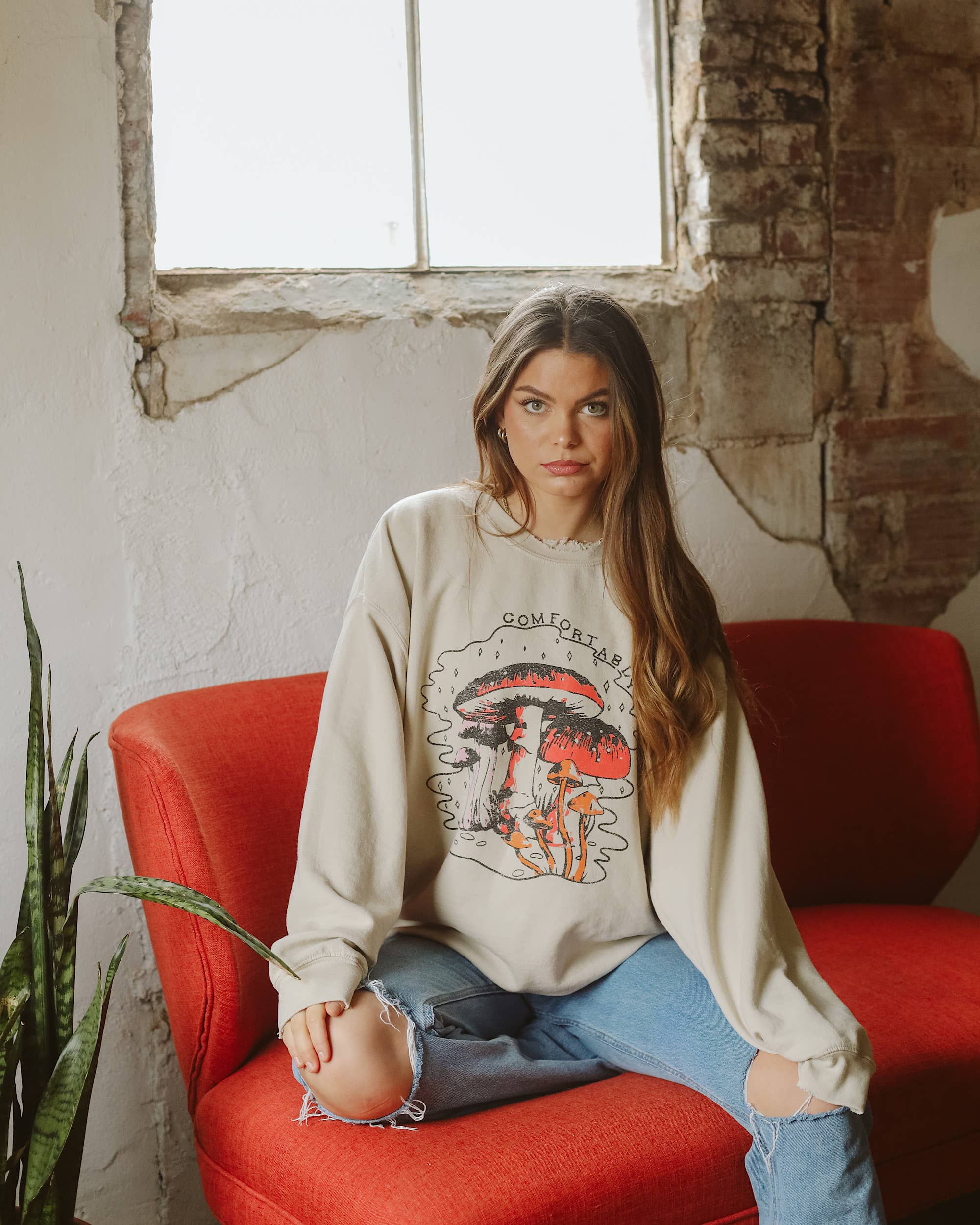 Comfortably Numb Sand Thrifted Graphic Sweatshirt - The Elevated Hippie