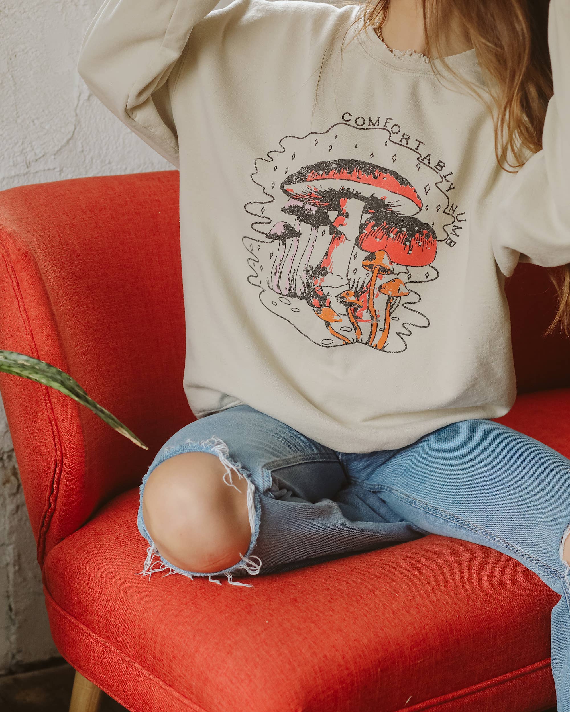 Comfortably Numb Sand Thrifted Graphic Sweatshirt - The Elevated Hippie