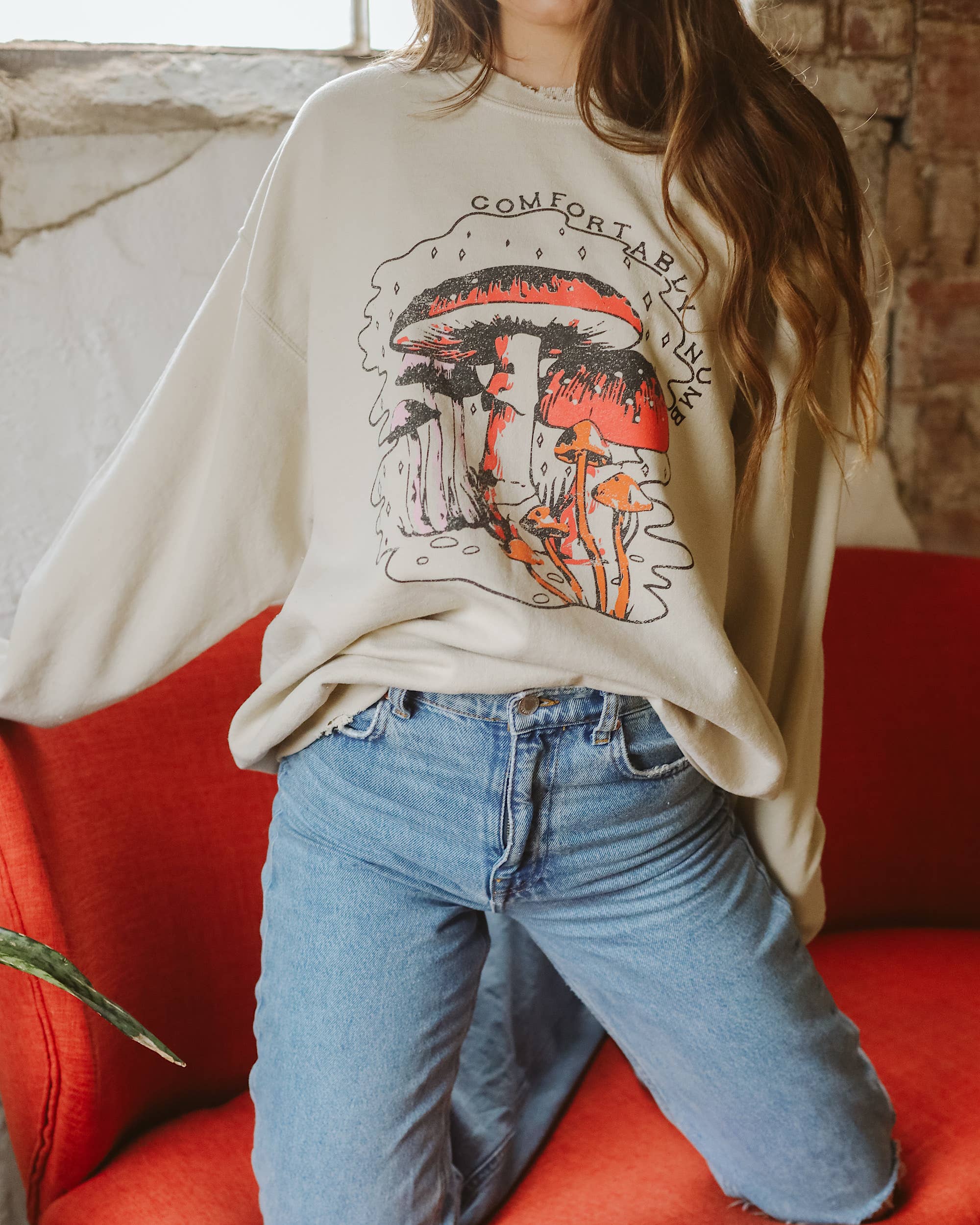 Comfortably Numb Sand Thrifted Graphic Sweatshirt - The Elevated Hippie