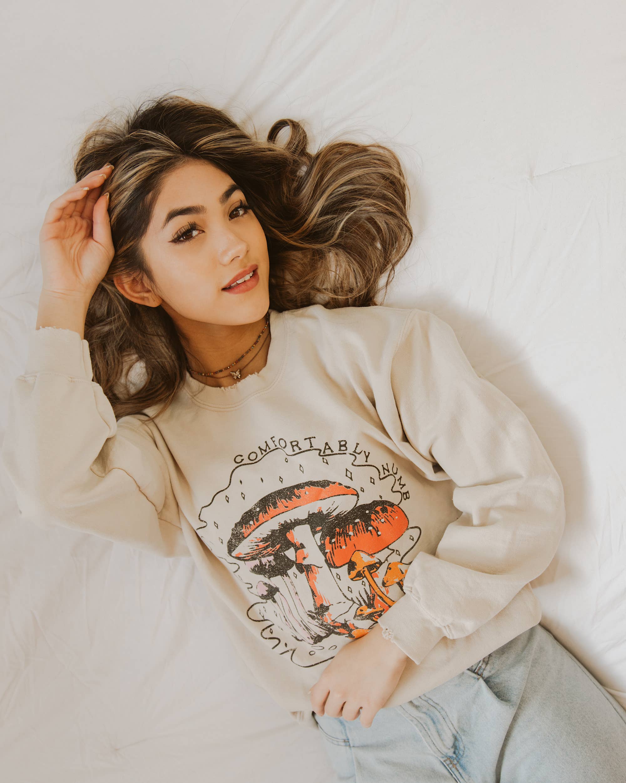 Comfortably Numb Sand Thrifted Graphic Sweatshirt - The Elevated Hippie