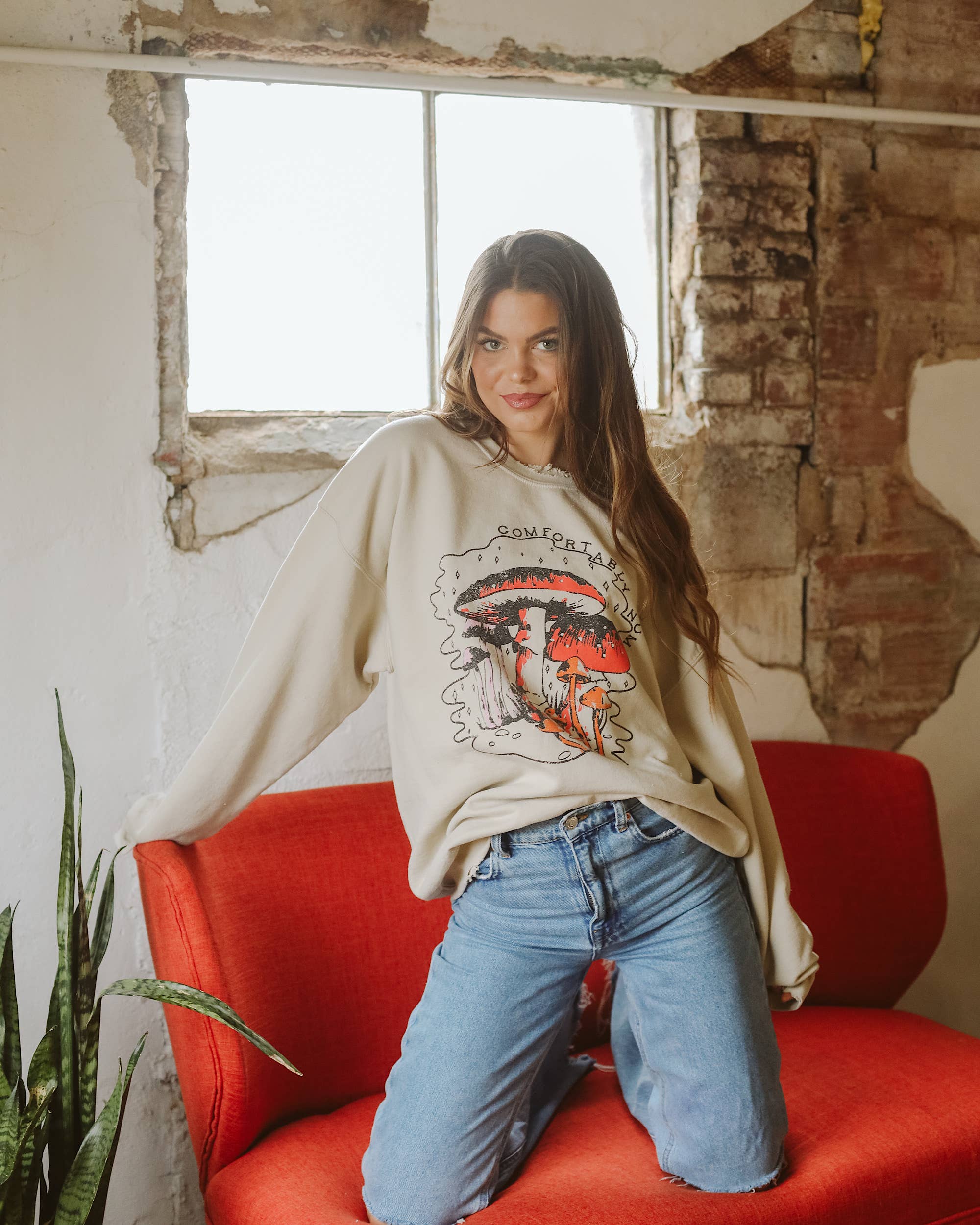 Comfortably Numb Sand Thrifted Graphic Sweatshirt - The Elevated Hippie