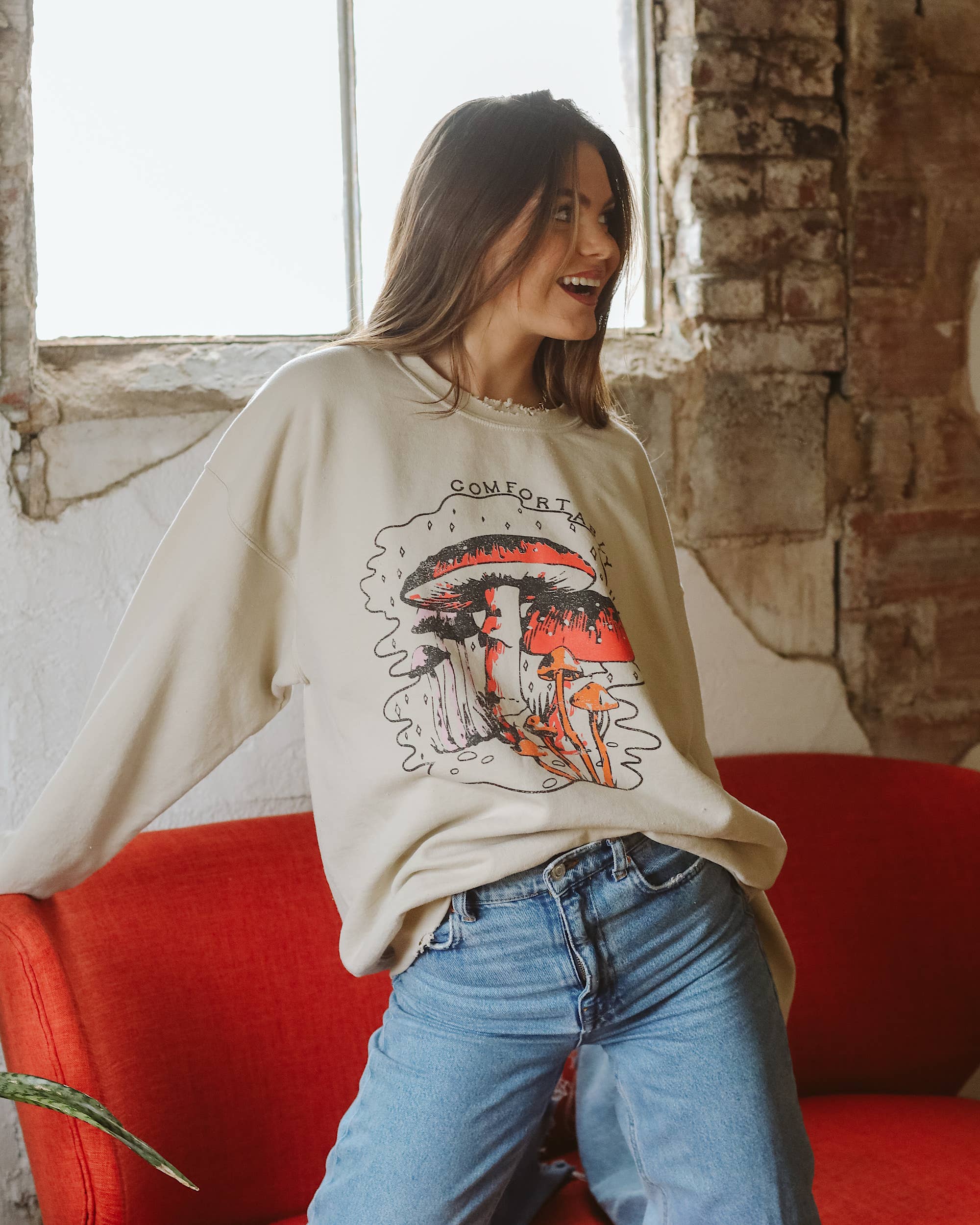 Comfortably Numb Sand Thrifted Graphic Sweatshirt - The Elevated Hippie