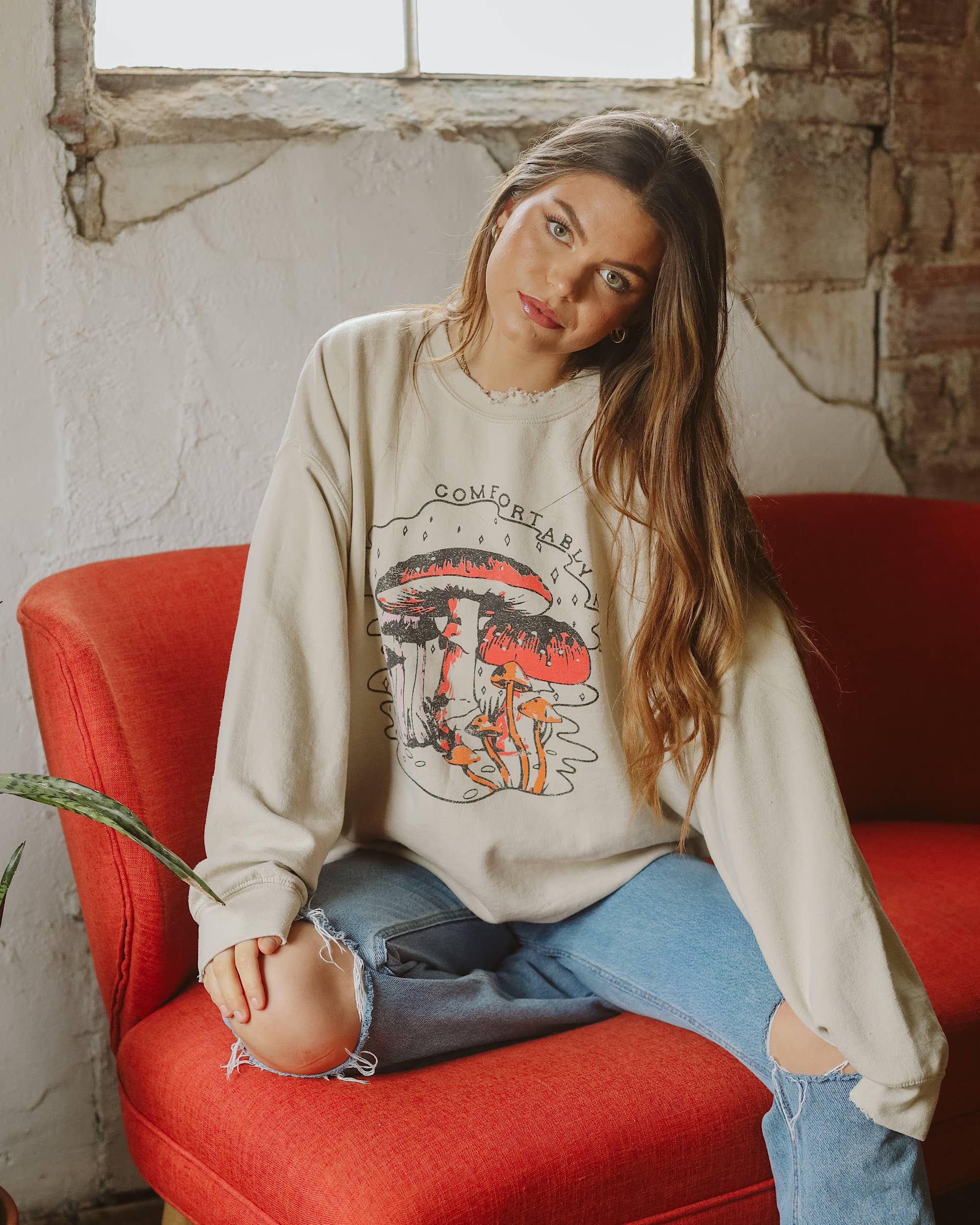 Comfortably Numb Sand Thrifted Graphic Sweatshirt - The Elevated Hippie
