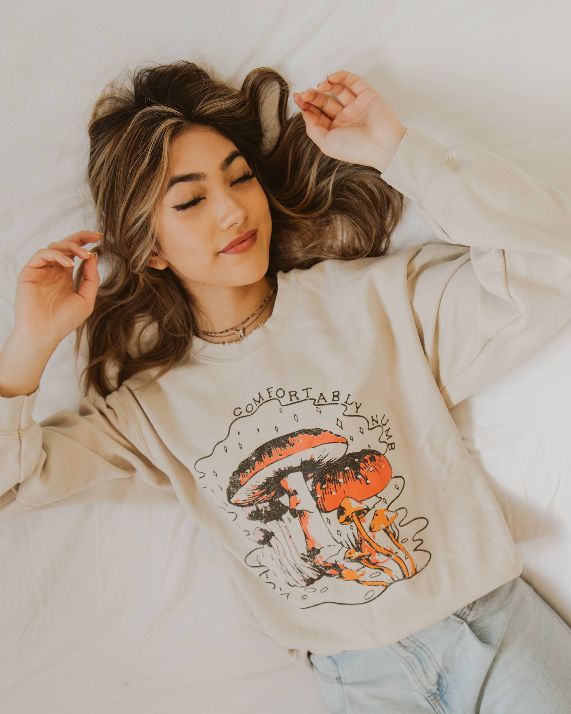 Comfortably Numb Sand Thrifted Graphic Sweatshirt - The Elevated Hippie