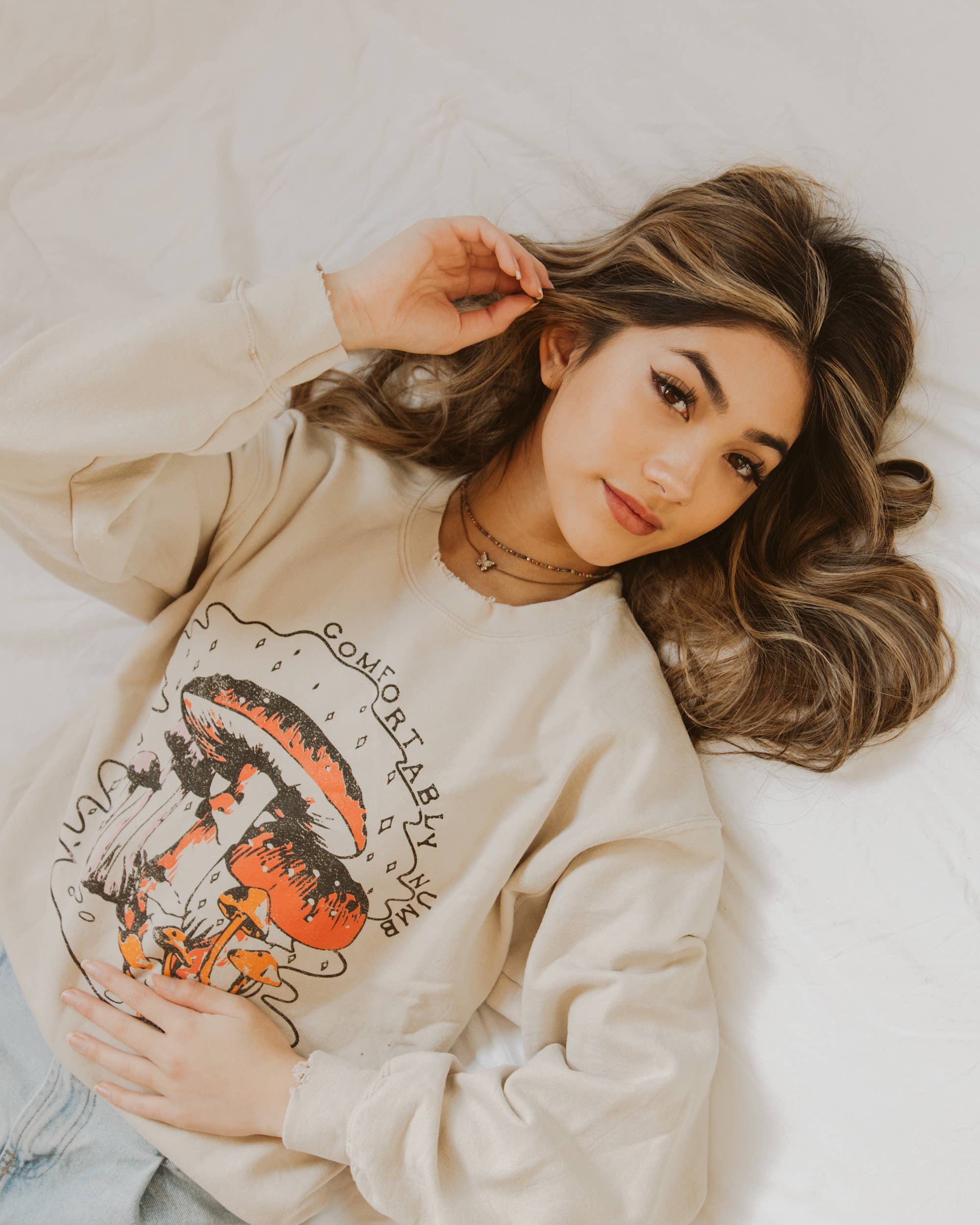 Comfortably Numb Sand Thrifted Graphic Sweatshirt - The Elevated Hippie