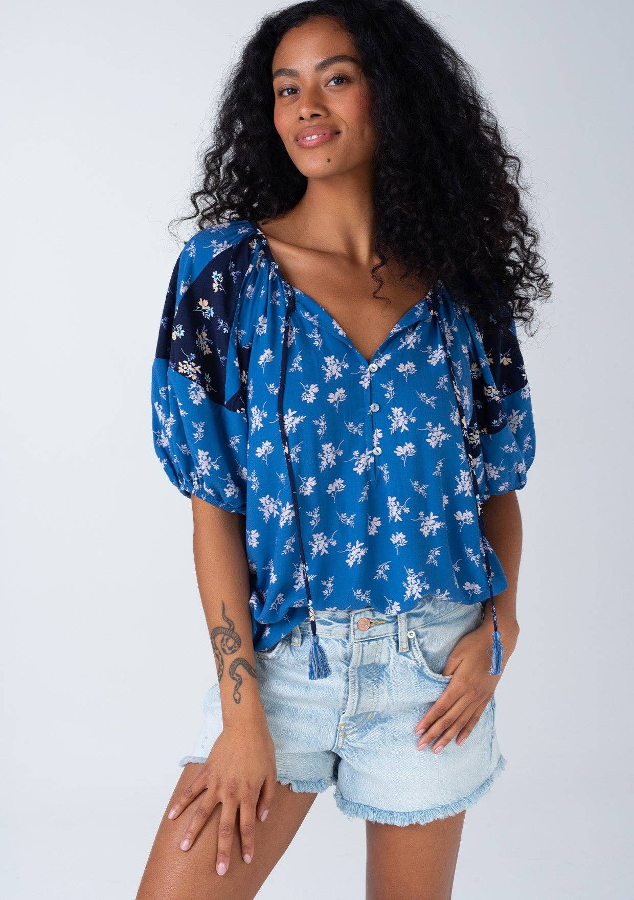 Floral Balloon Sleeve Tassel Tie Neck Blouse - The Elevated Hippie