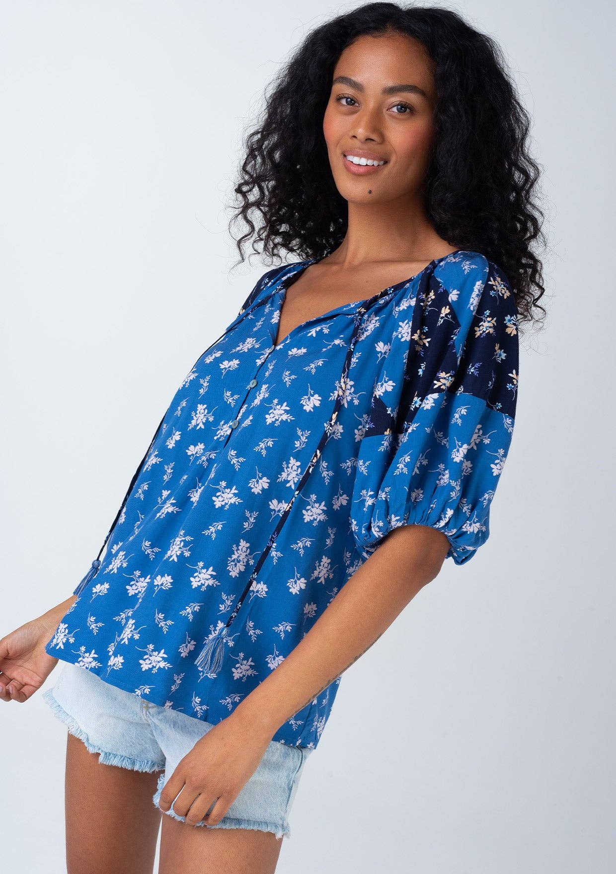 Floral Balloon Sleeve Tassel Tie Neck Blouse - The Elevated Hippie