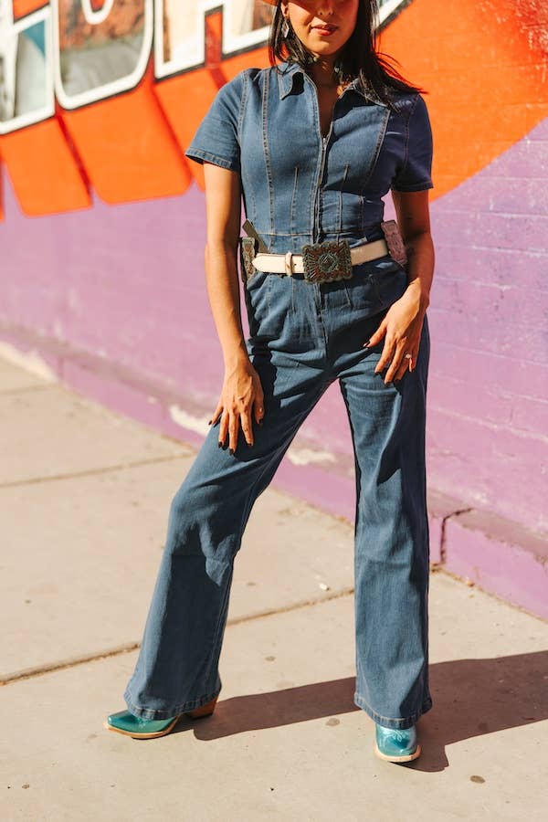 Mid Wash Stretch Denim Zip Up Short Sleeve Flare Jumpsuit - The Elevated Hippie